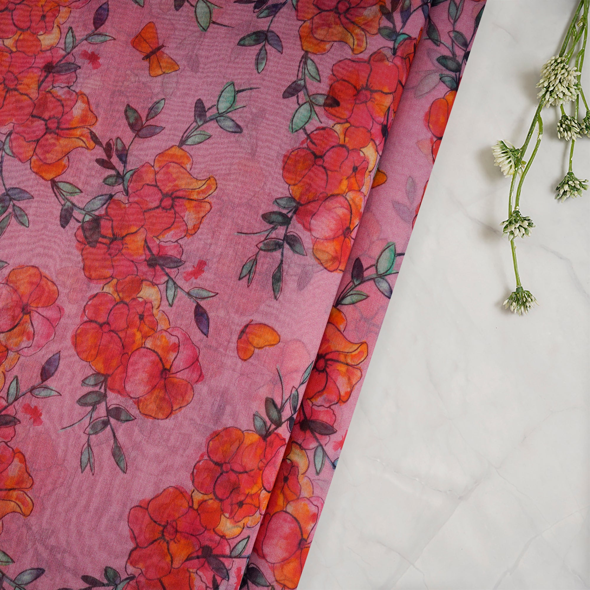 Light Pink Floral Pattern Digital Print Fine Chanderi Fabric