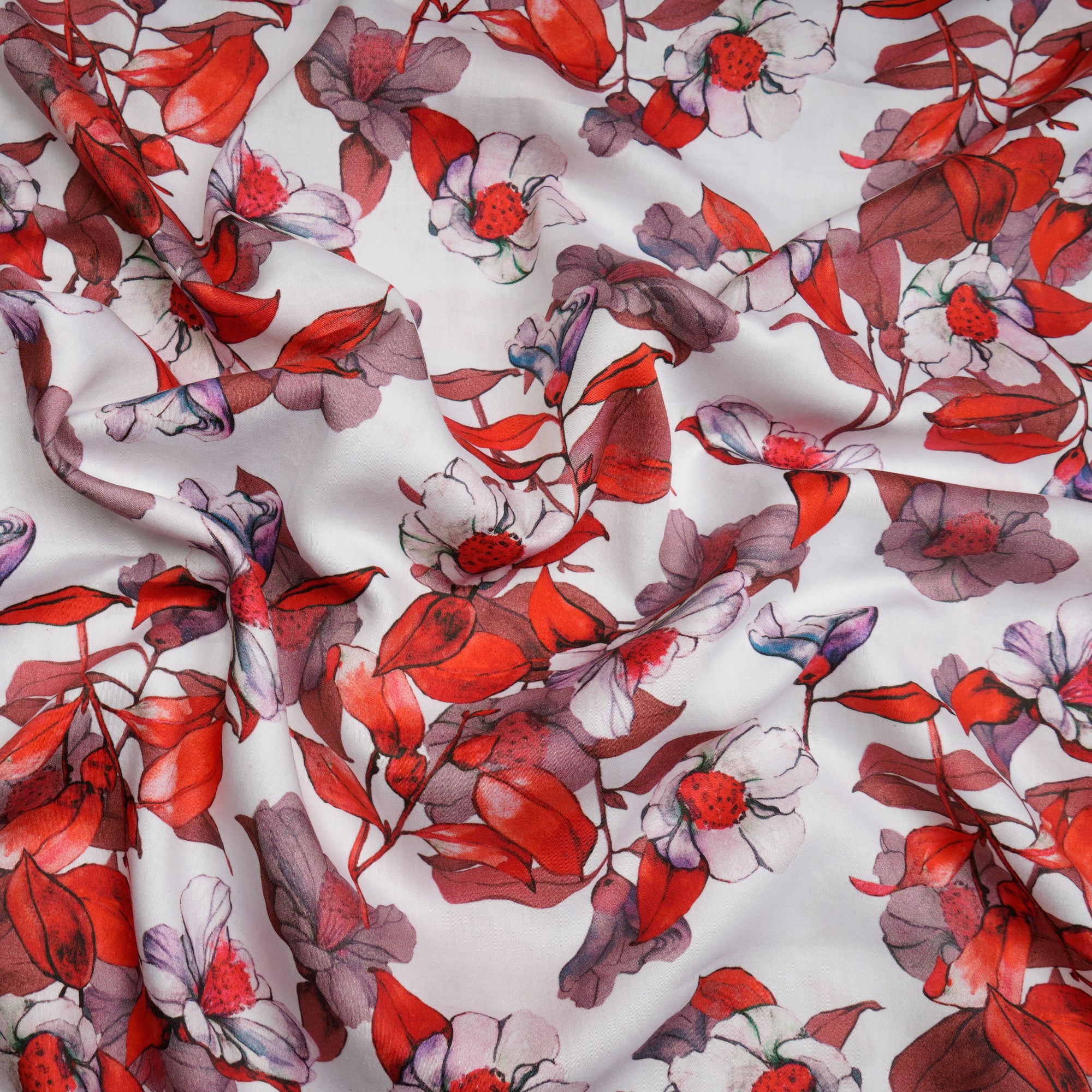 White Floral Pattern Digital Print-Cotton Satin Fabric