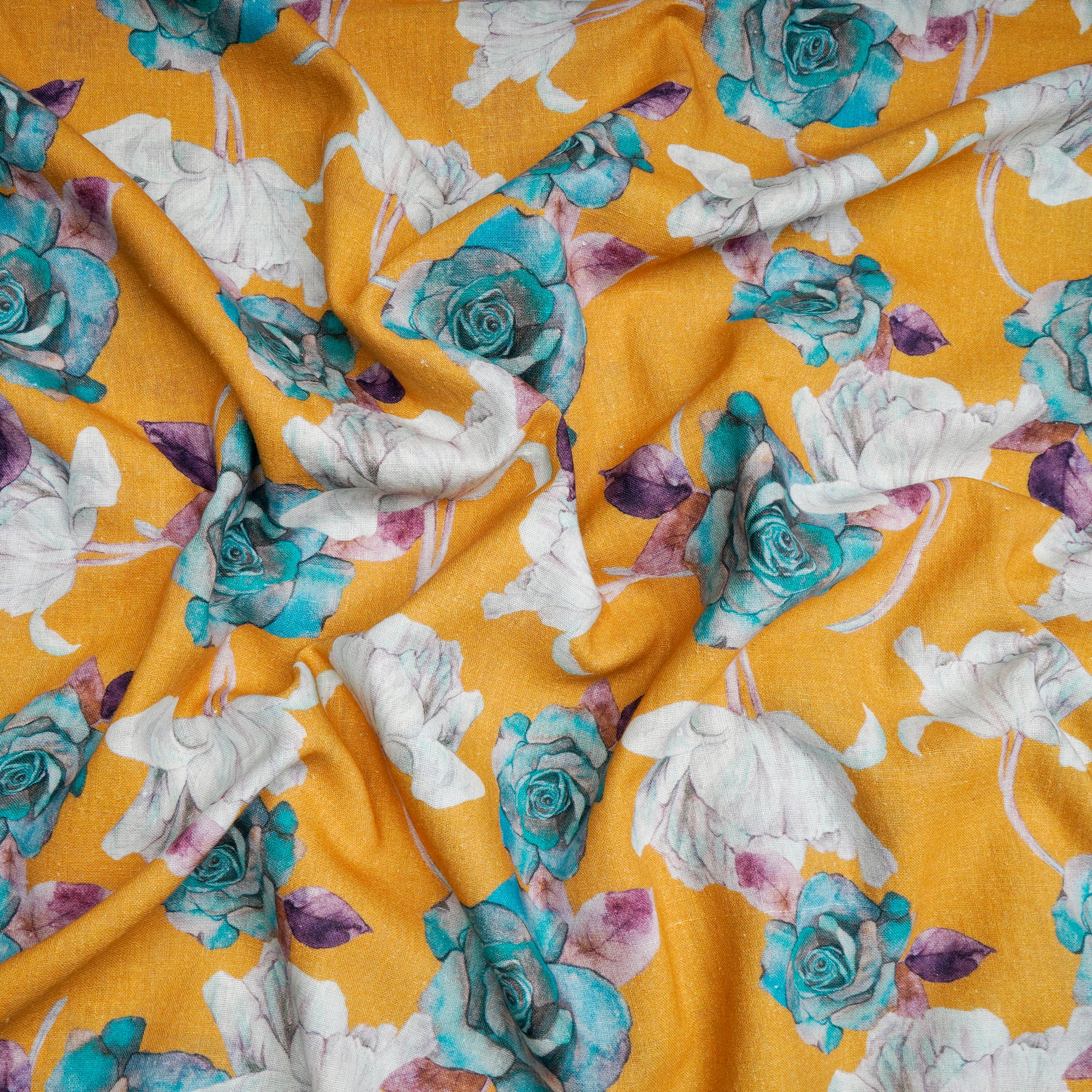 Golden Glow Floral Pattern Digital Print Handwoven Muslin Cotton Fabric