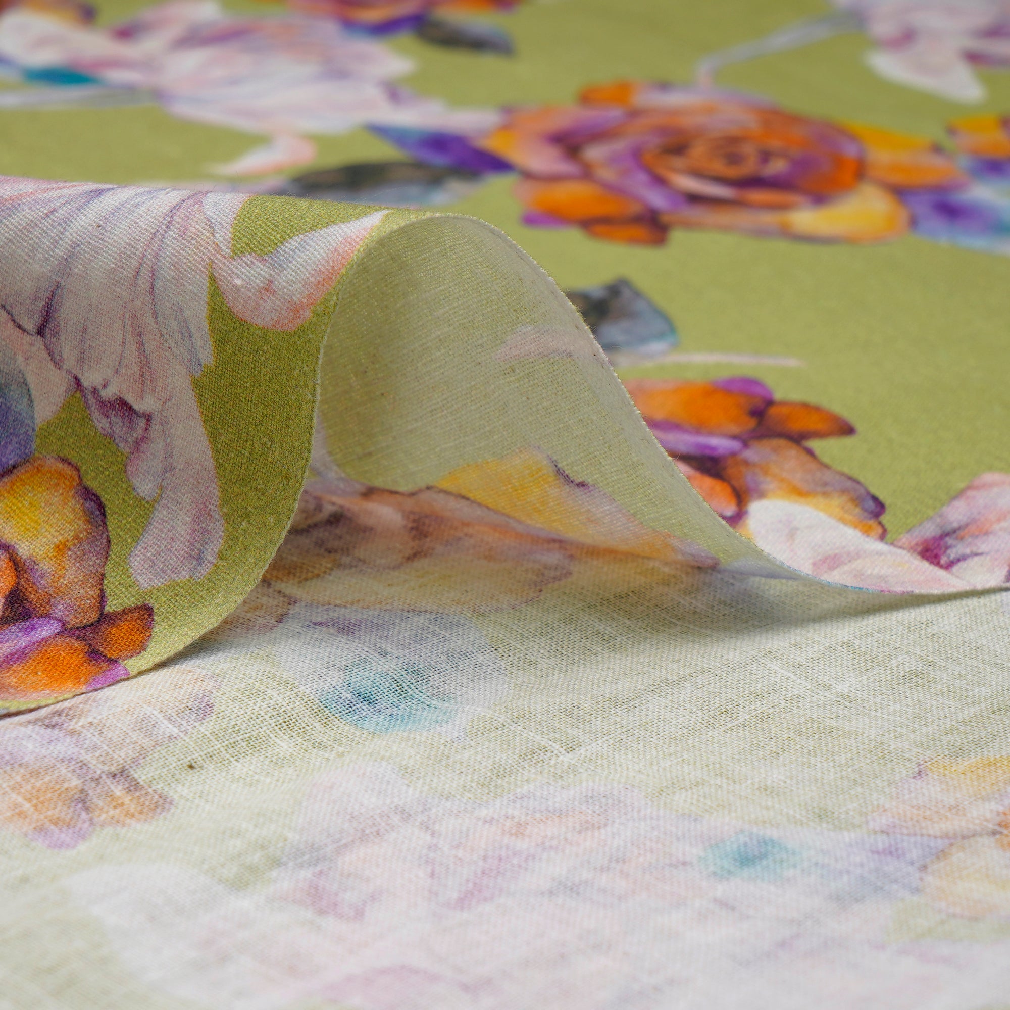 Green Glow Floral Pattern Digital Print Handwoven Muslin Cotton Fabric