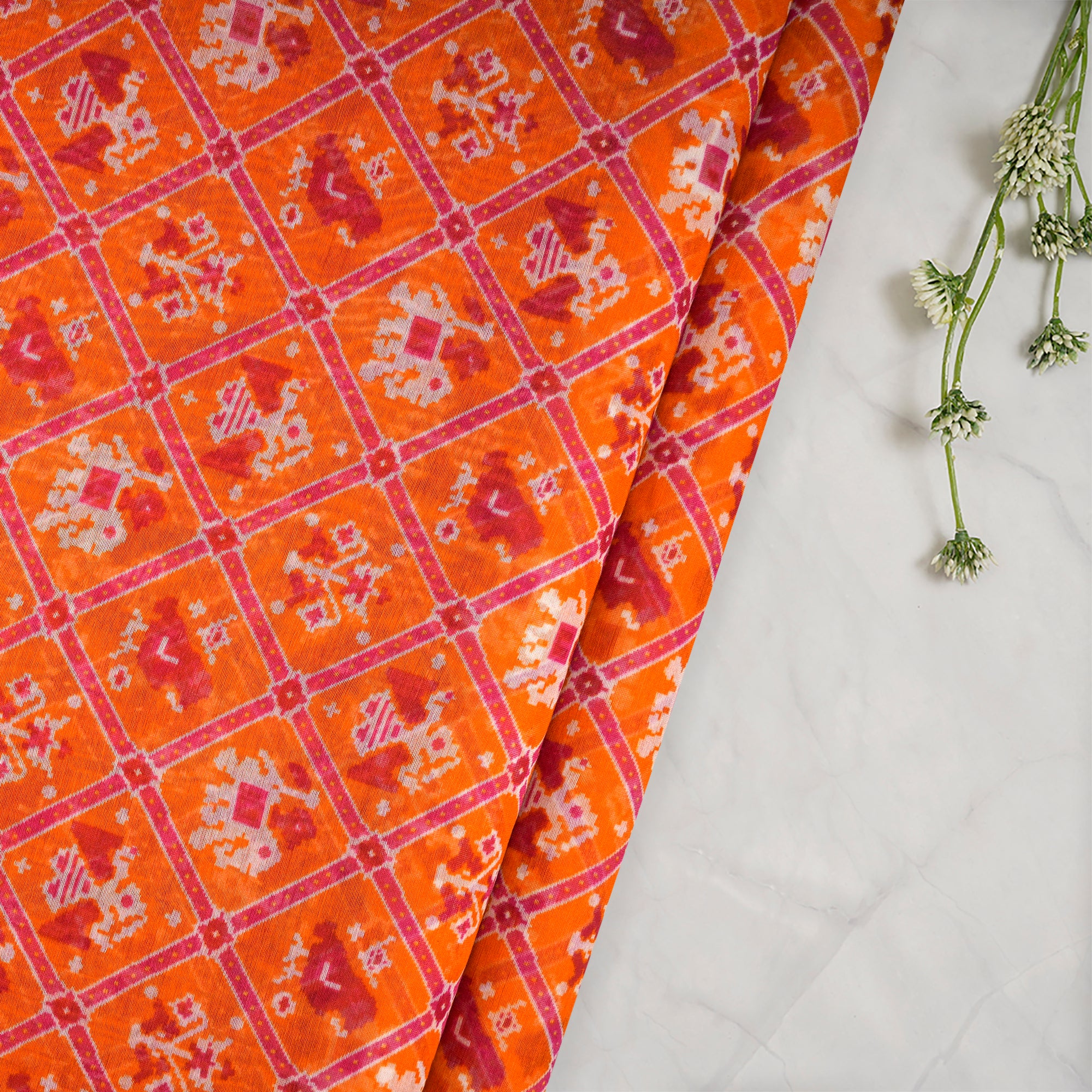 Persimmon Orange Patola Pattern Digital Print Modal Maple Silk Fabric