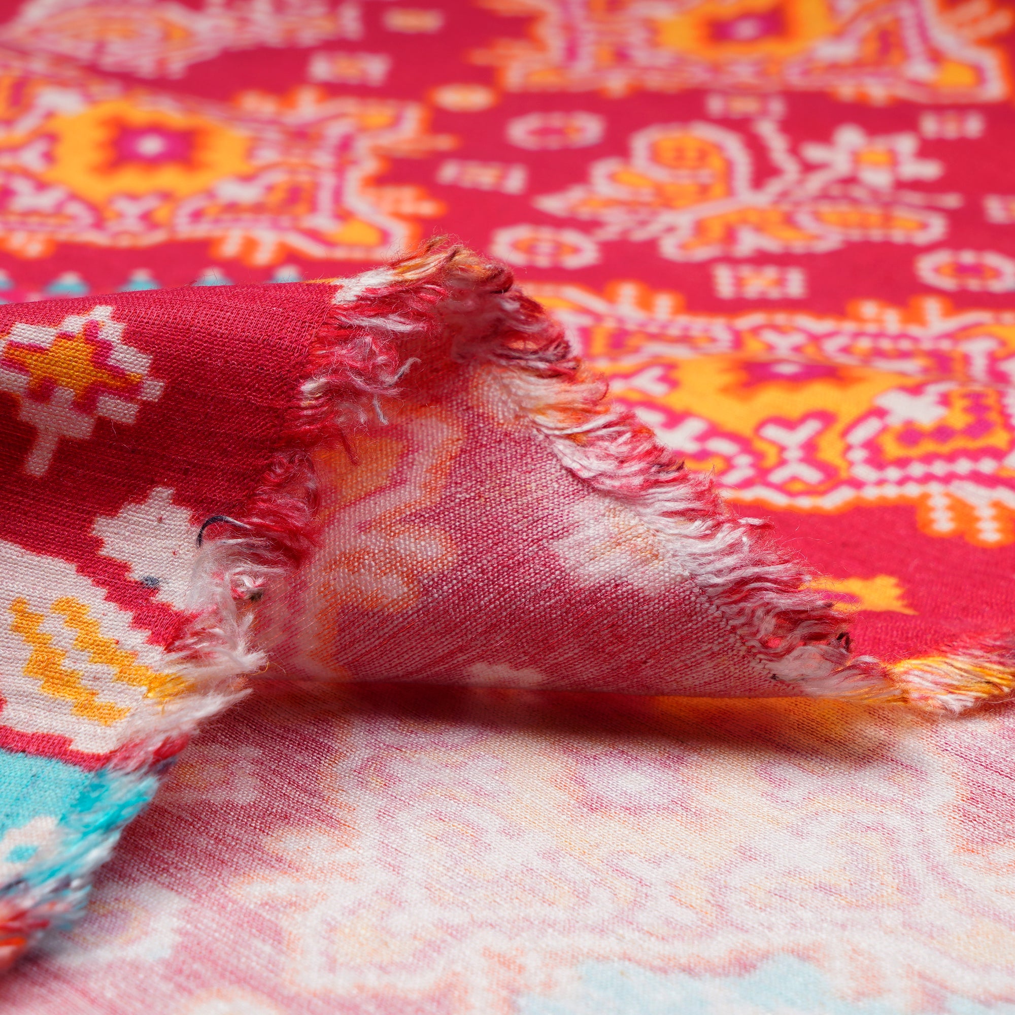 Dark Pink-Yellow Patola Pattern Digital Print Fancy Linen Fabric