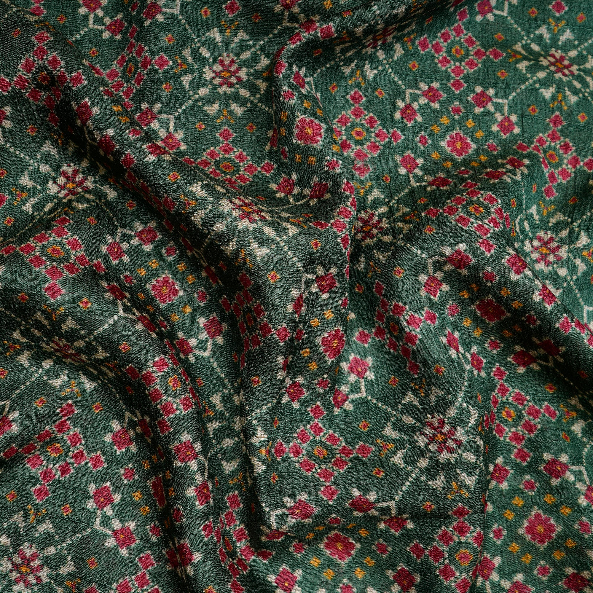 Dark Green Patola Pattern Digital Print-Tusser Silk Fabric