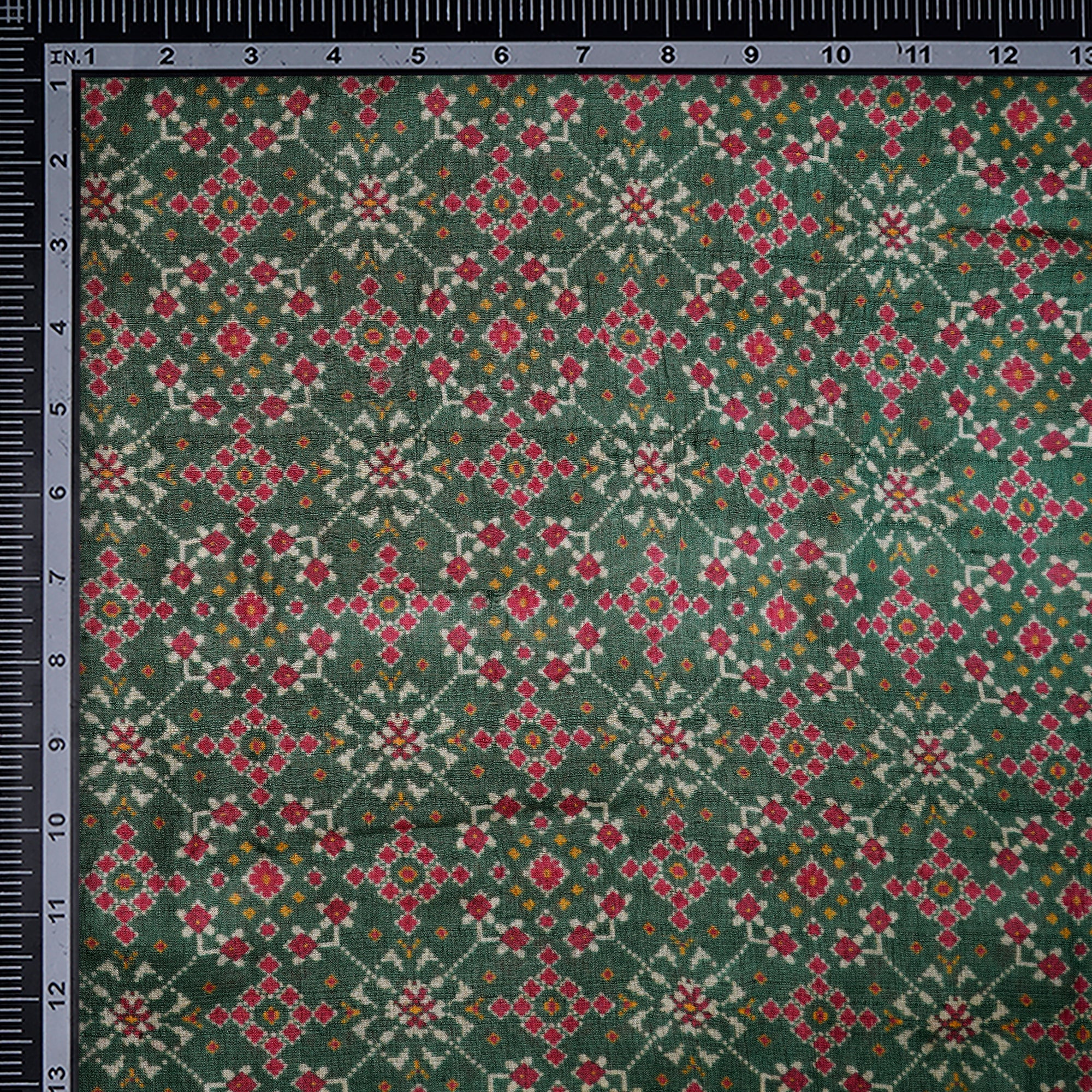 Dark Green Patola Pattern Digital Print-Tusser Silk Fabric