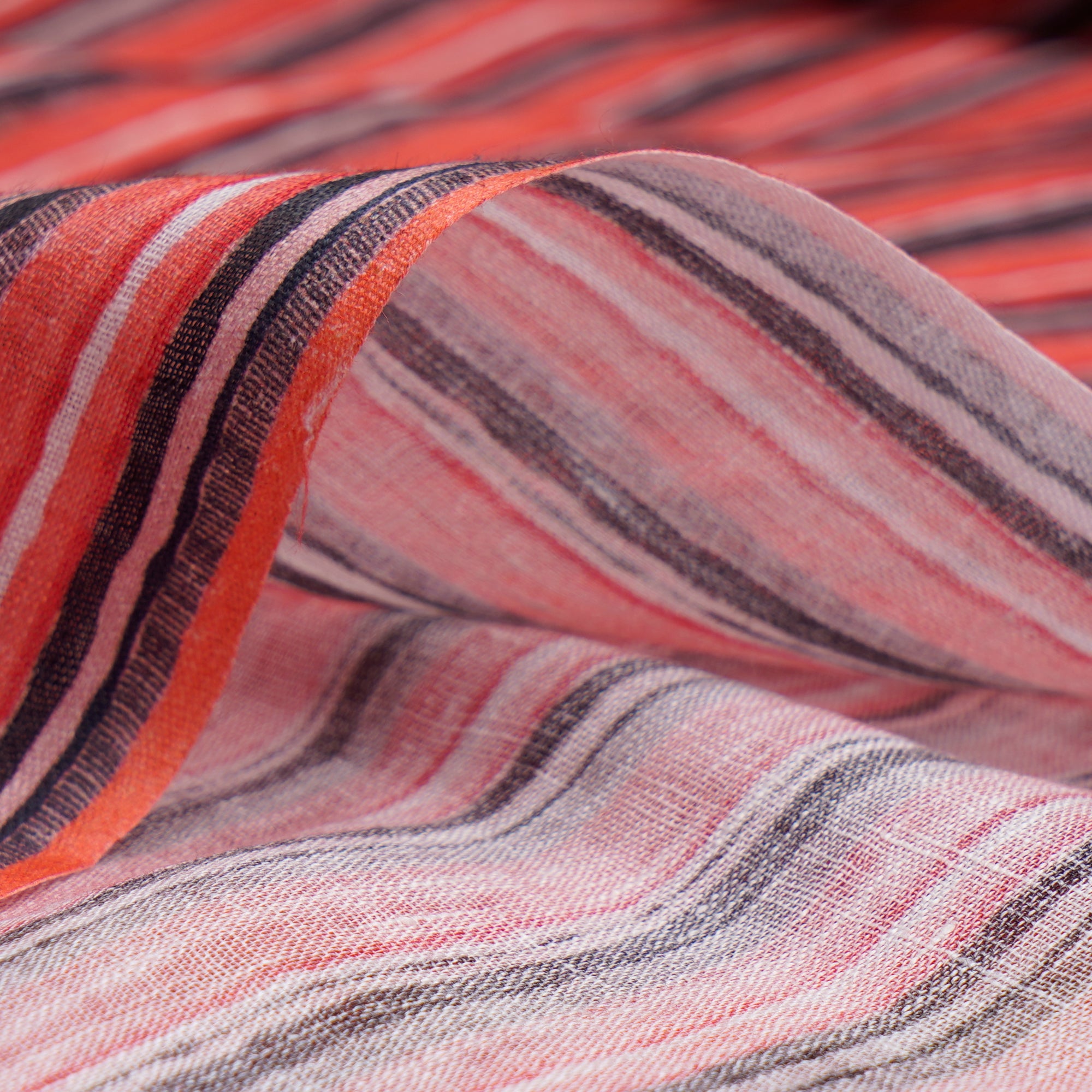 Salmon-Black Color Digital Printed Striped Pattern Premium Linen Fabric