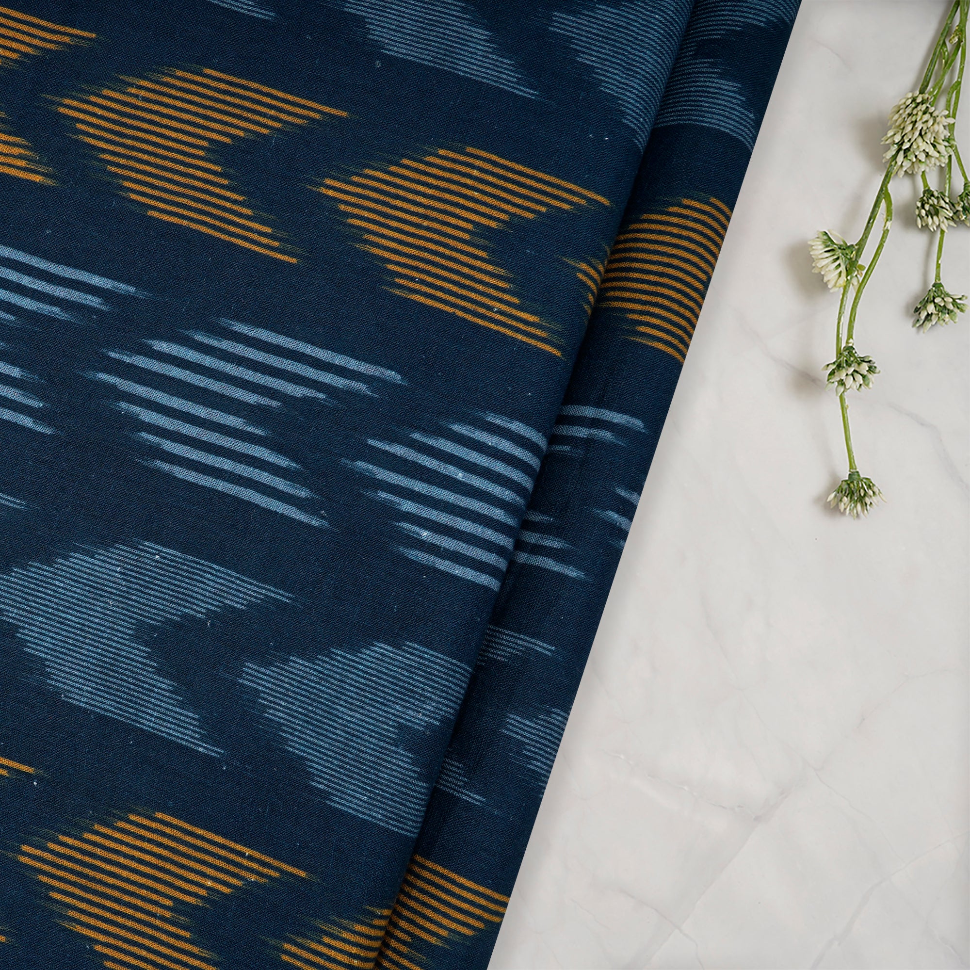 Navy Blue Ikat Pattern Digital Print Handwoven Muslin Cotton Fabric