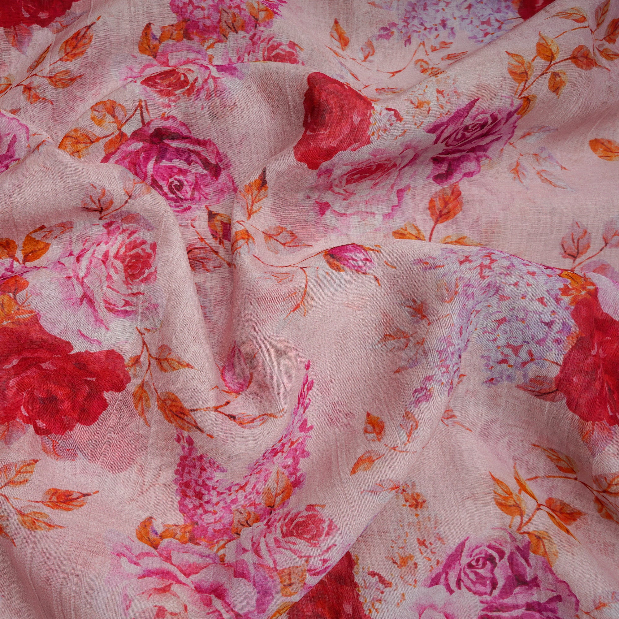 Baby Pink Floral Pattern Digital Print Fine Mul Chanderi Fabric