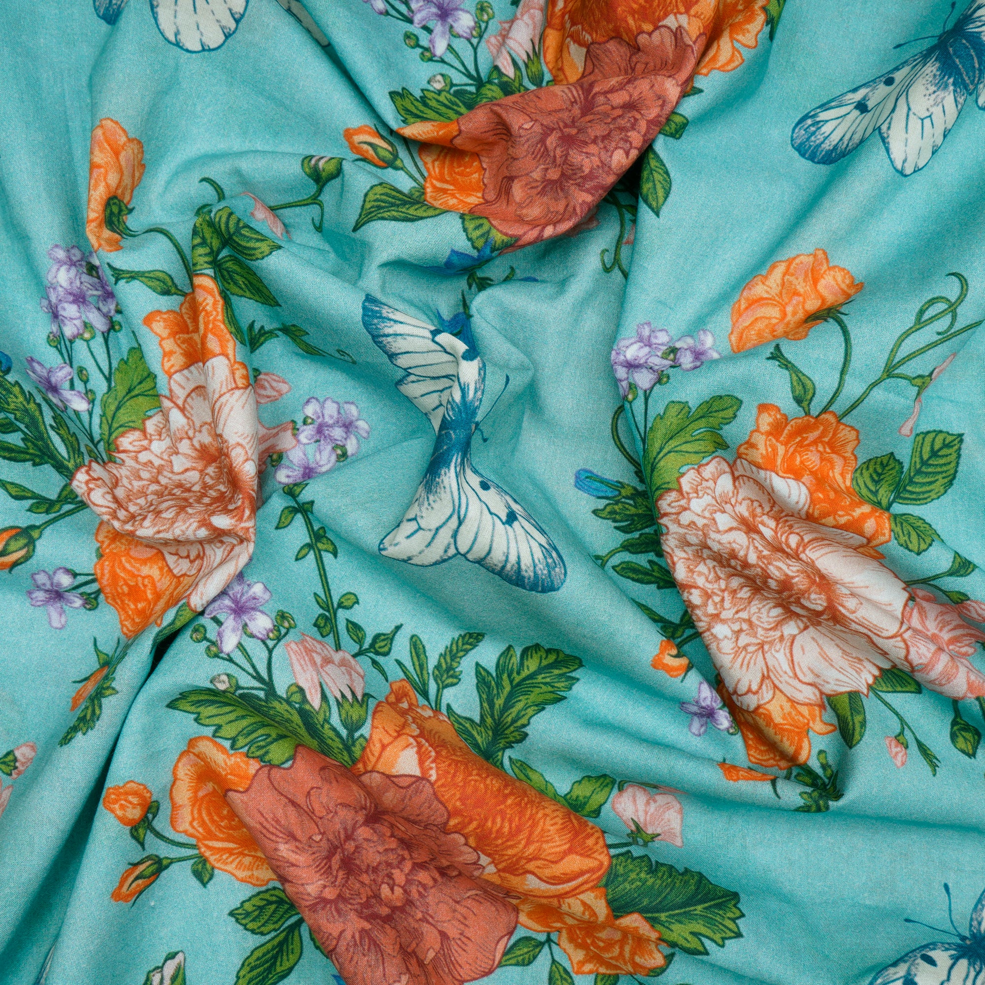 Sky Blue Floral Pattern Digital Print Cambric Fabric