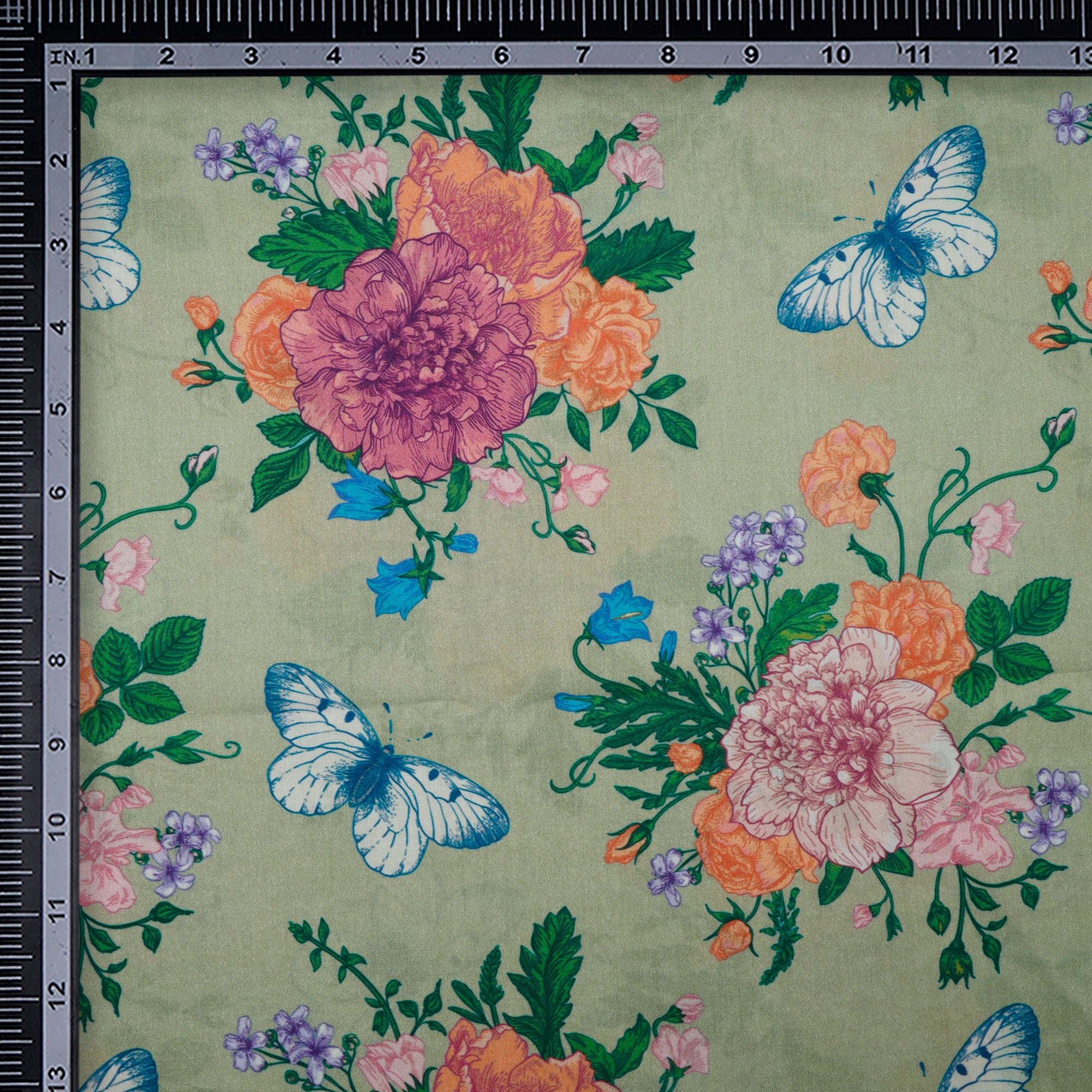 Olive Green Floral Pattern Digital Print Chanderi Fabric