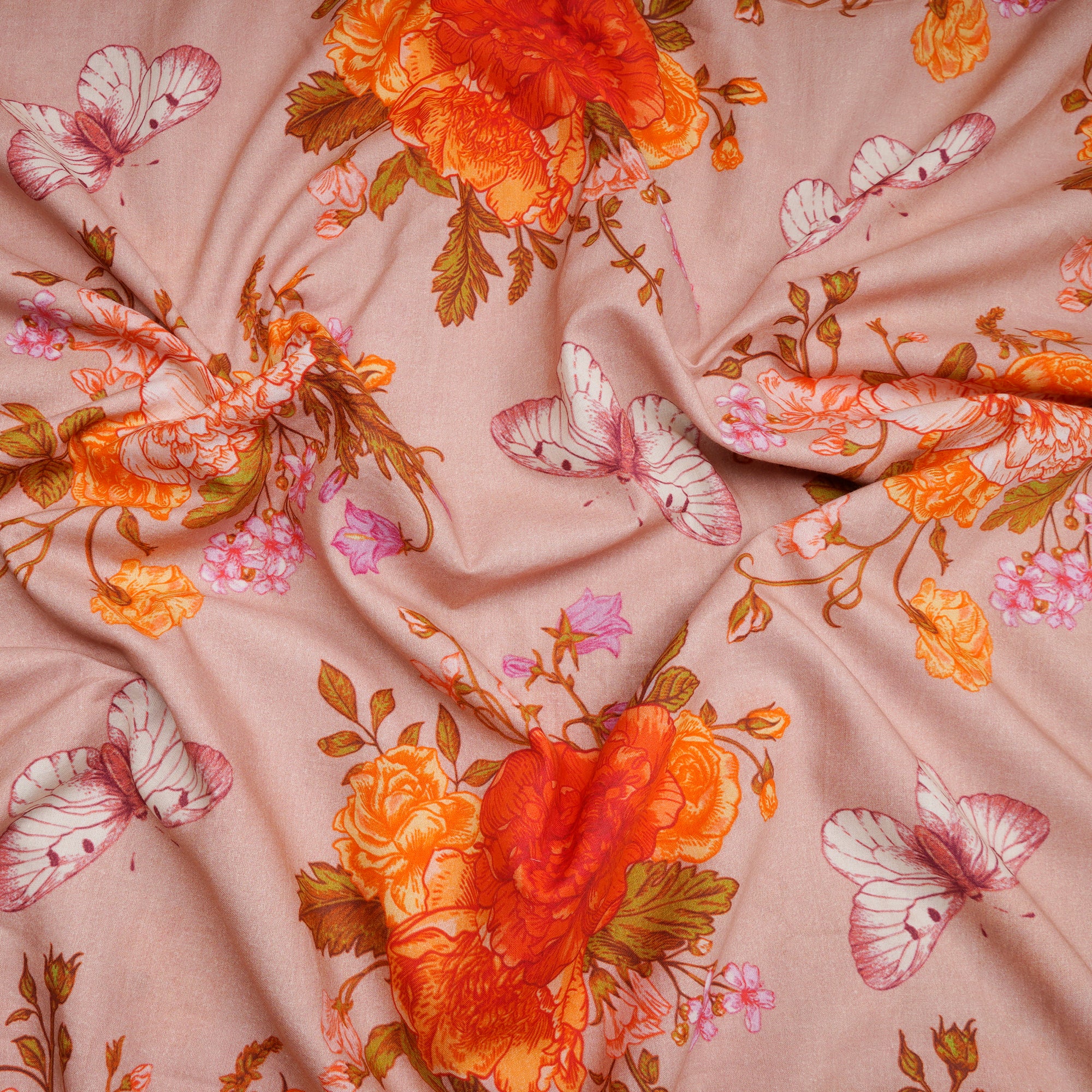 Cream Tan Floral Pattern Digital Print Cambric Fabric