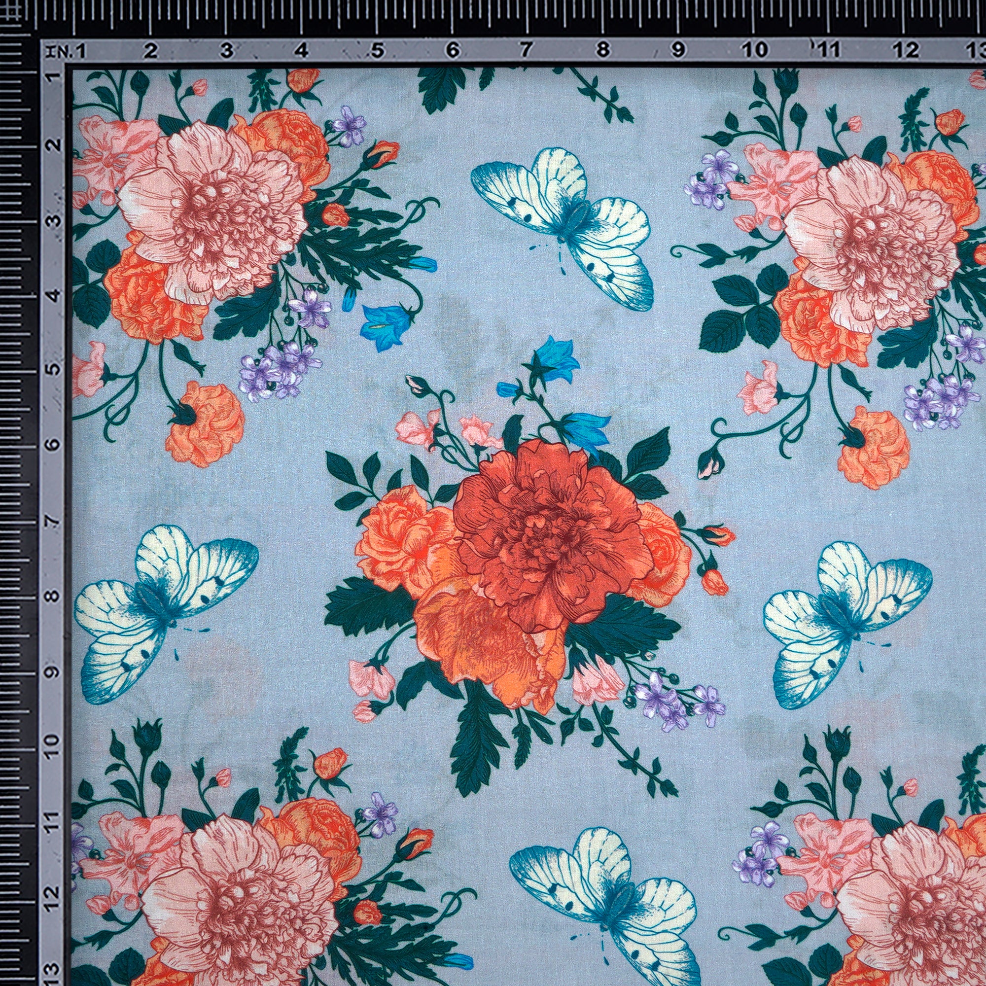 Powder Blue Floral Pattern Digital Print Cambric Fabric