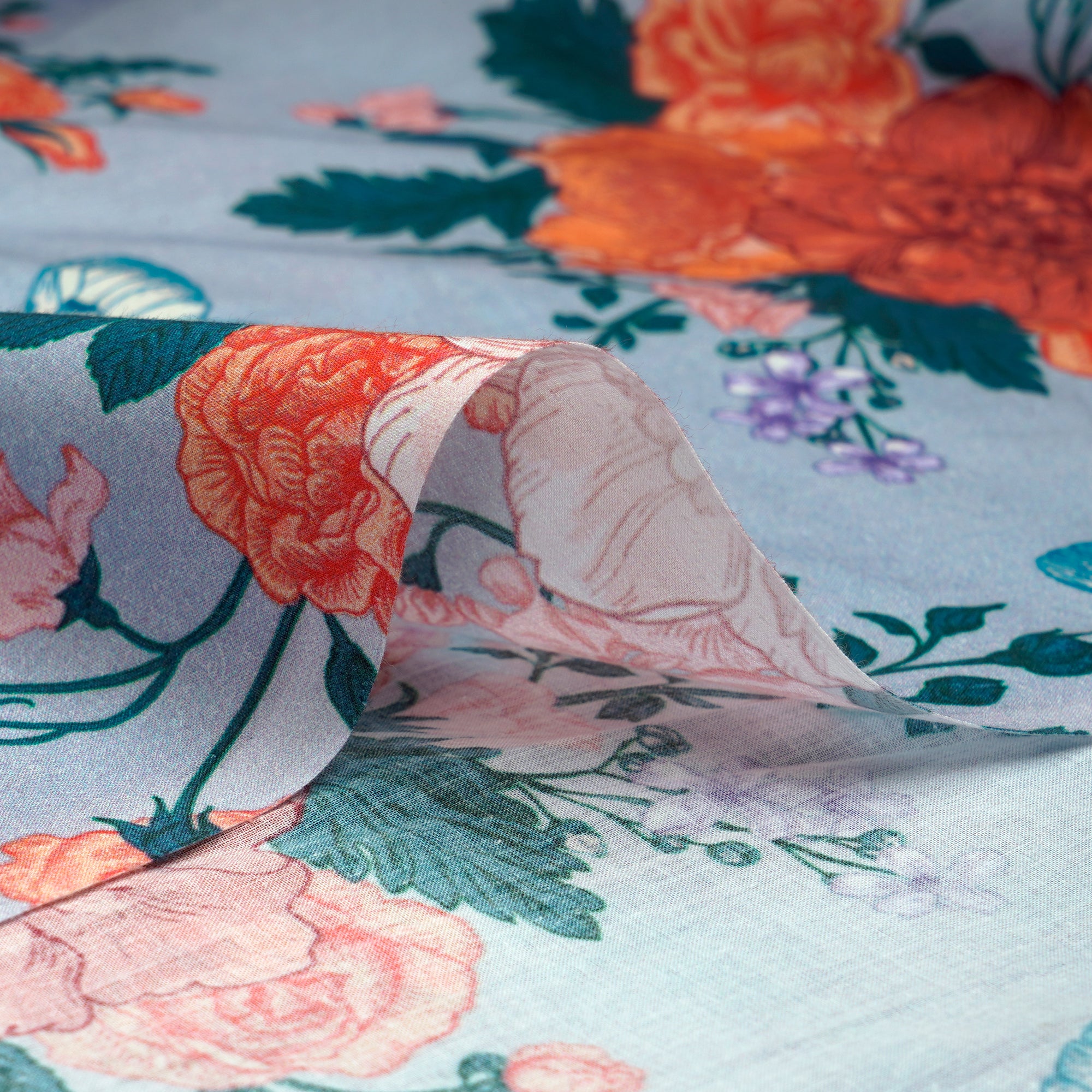 Powder Blue Floral Pattern Digital Print Cambric Fabric