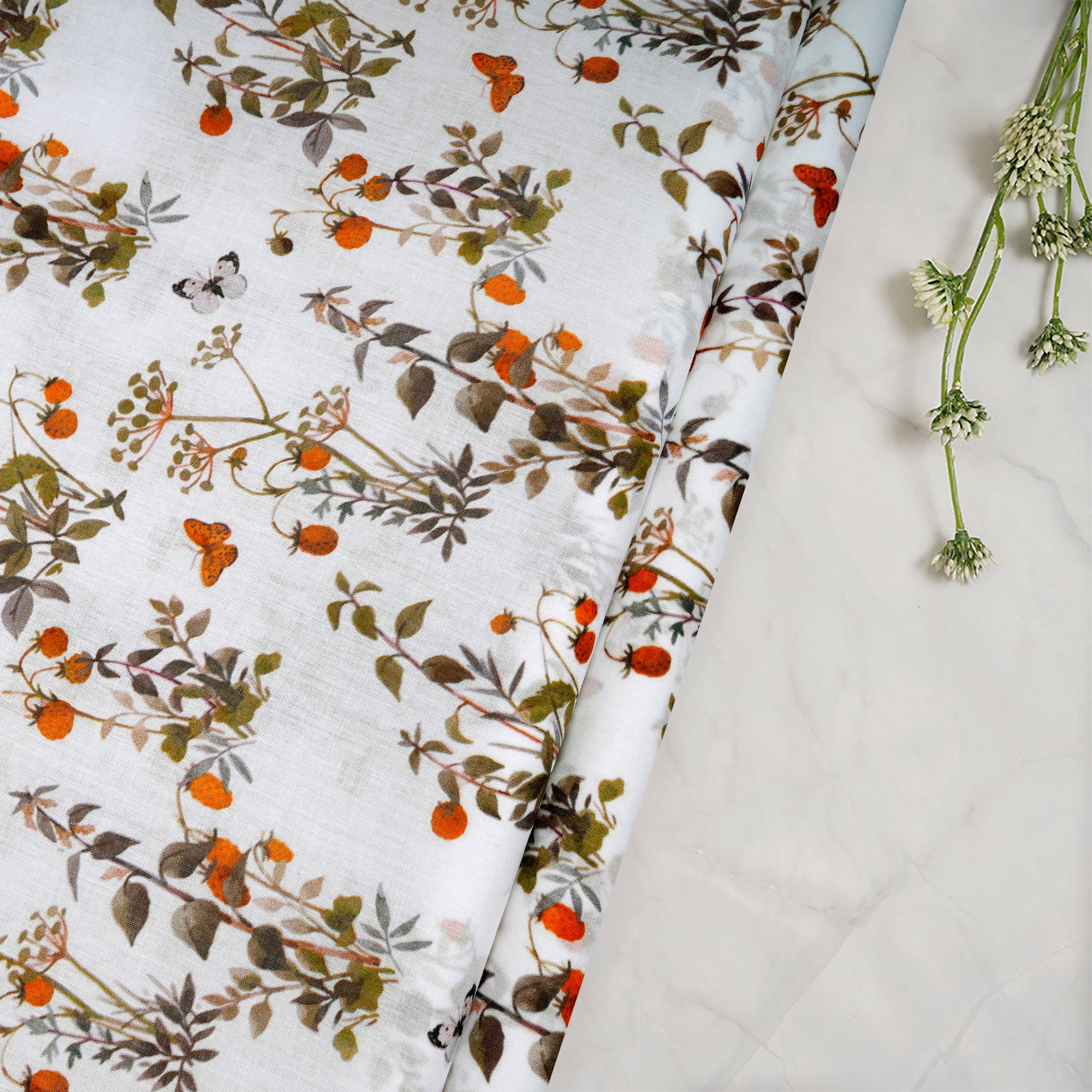 Off-White Floral Pattern Digital Print Voile Cotton Fabric