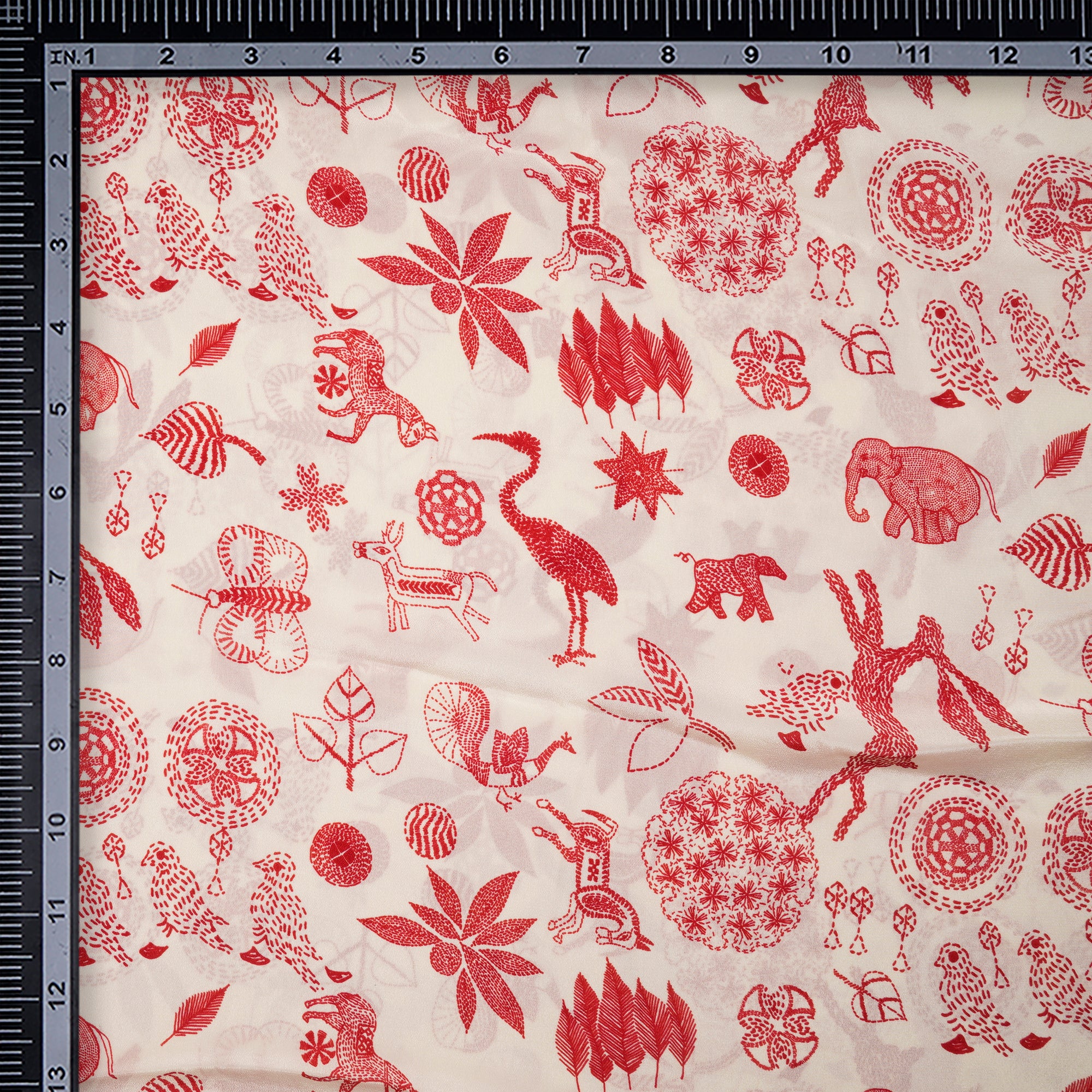 Off White-Red Animal Pattern Digital Print Pure Crepe Silk Fabric