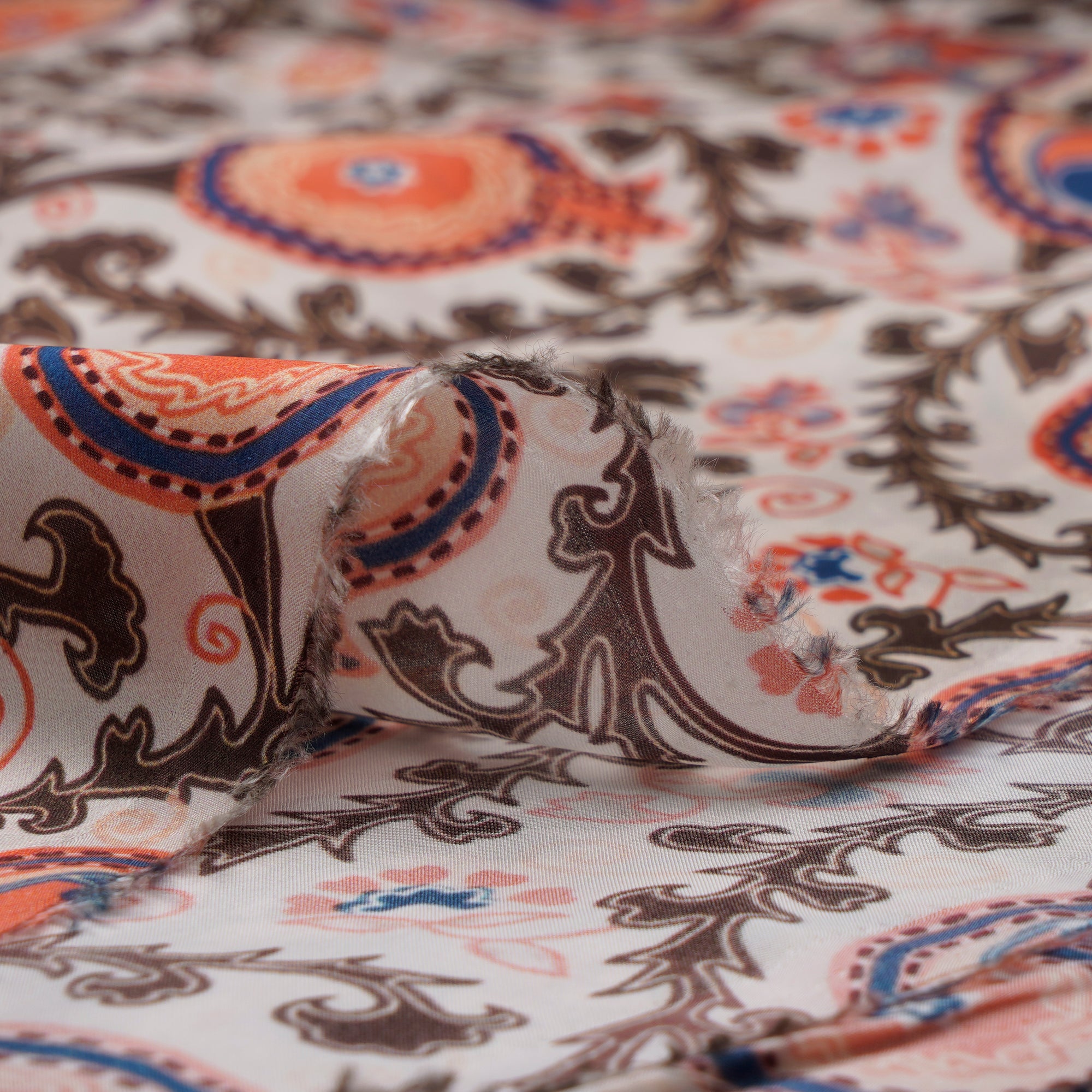 Off-White Floral Pattern Digital Print Modal Satin Fabric
