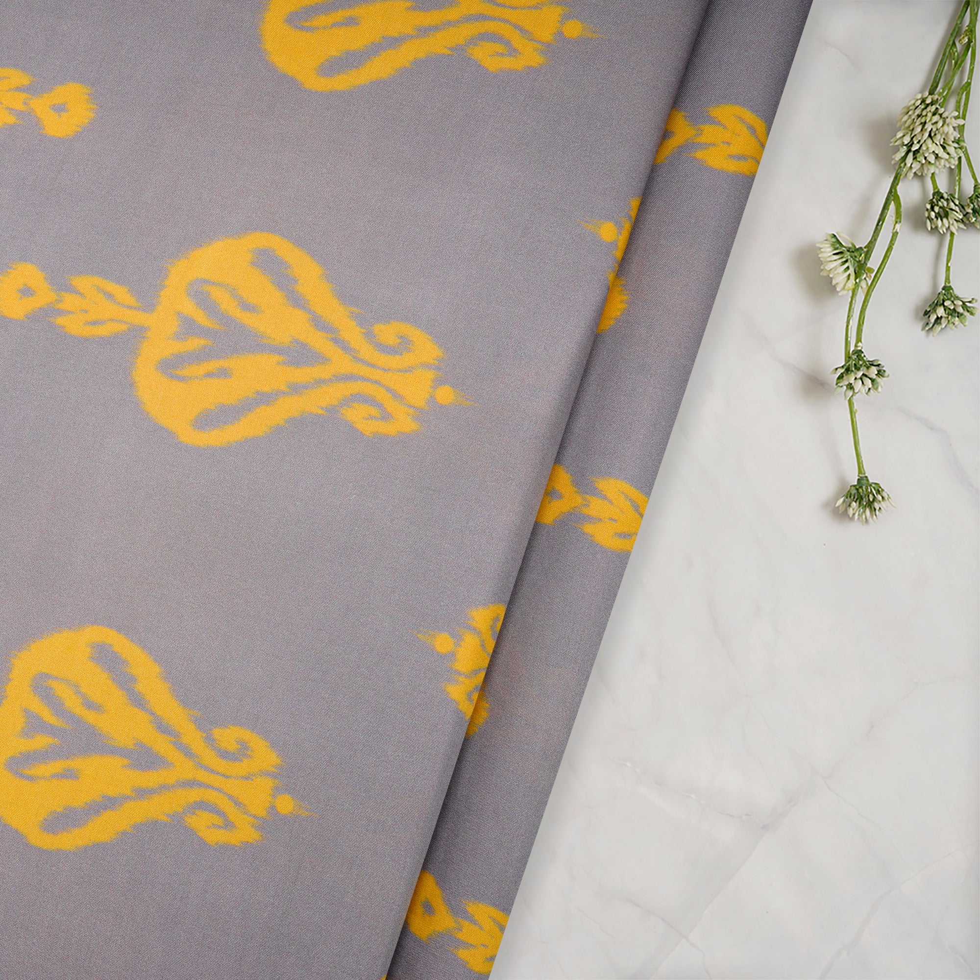 Grey-Yellow Ikat Pattern Digital Print Bemberg Muslin Fabric