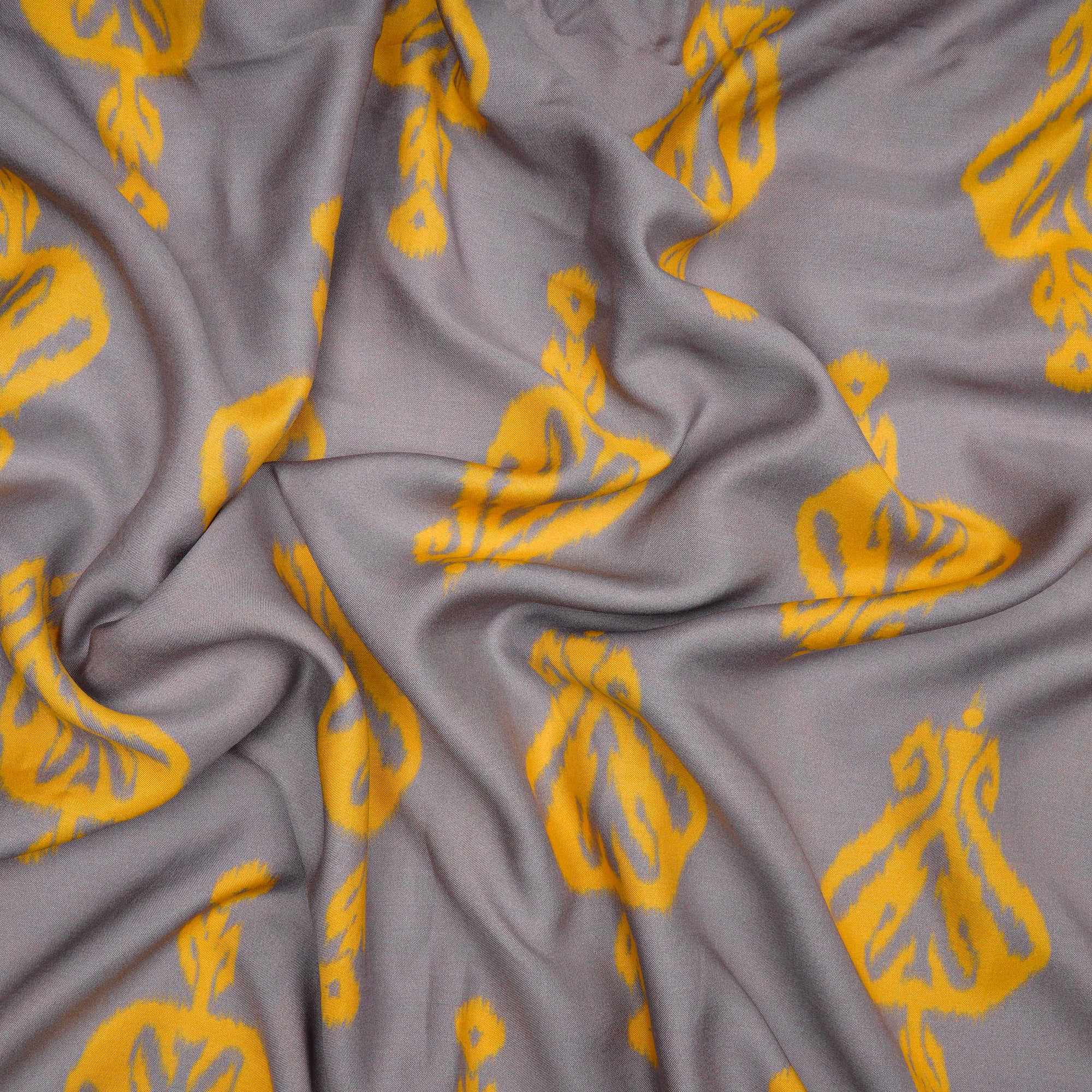 Grey-Yellow Ikat Pattern Digital Print Bemberg Muslin Fabric