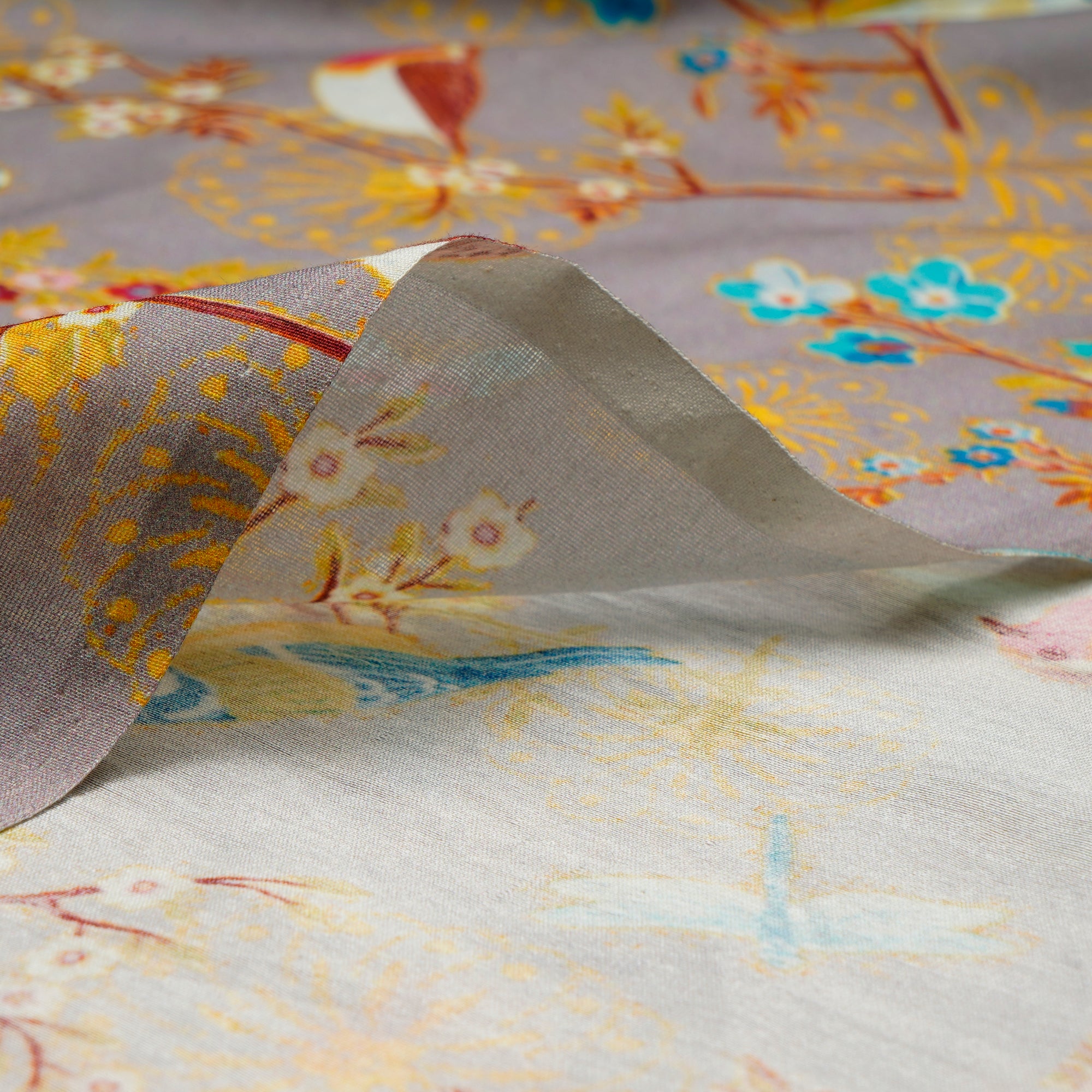Grey Floral Pattern Digital Print Chanderi Fabric