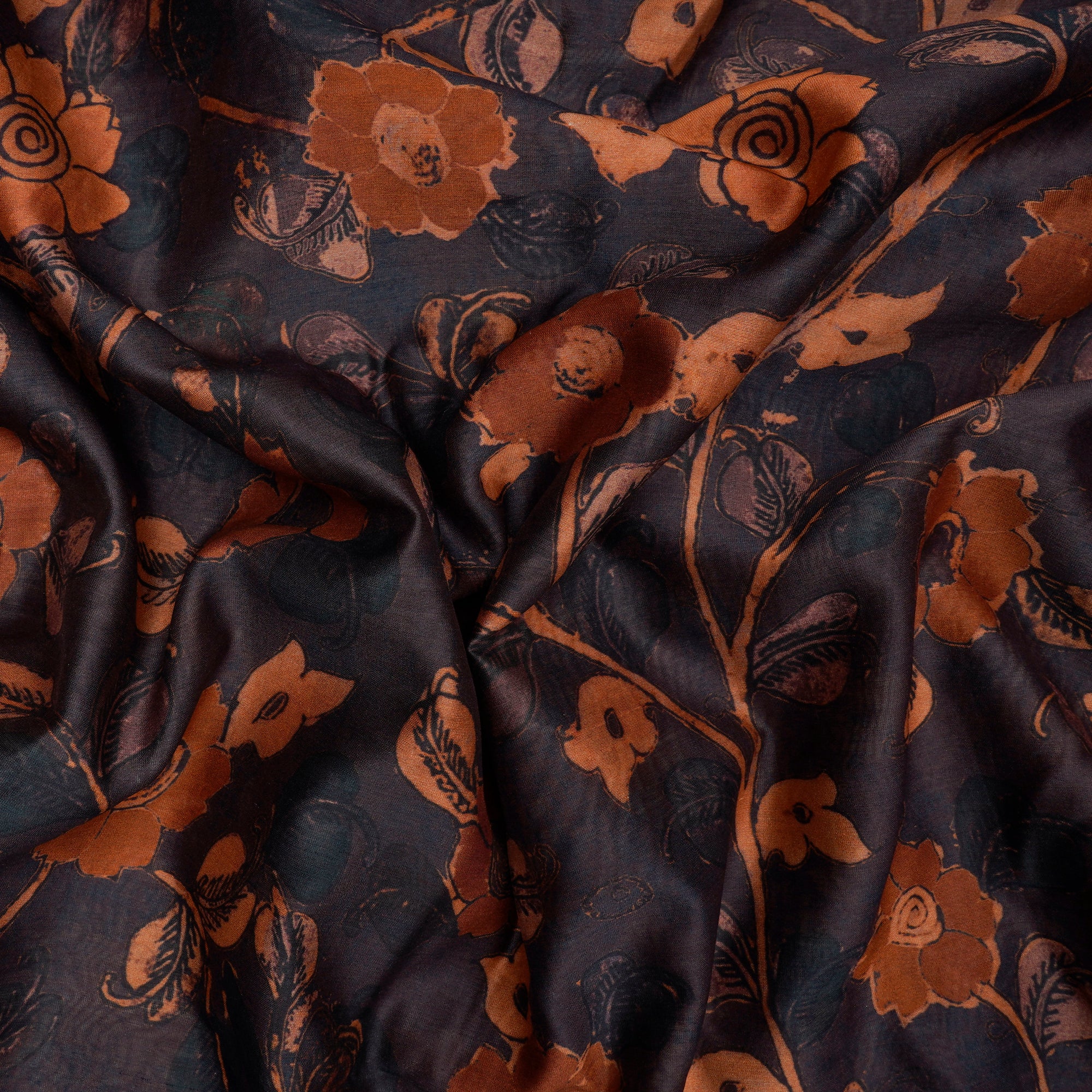 Dark Brown Floral Pattern Digital Print Cambric Fabric