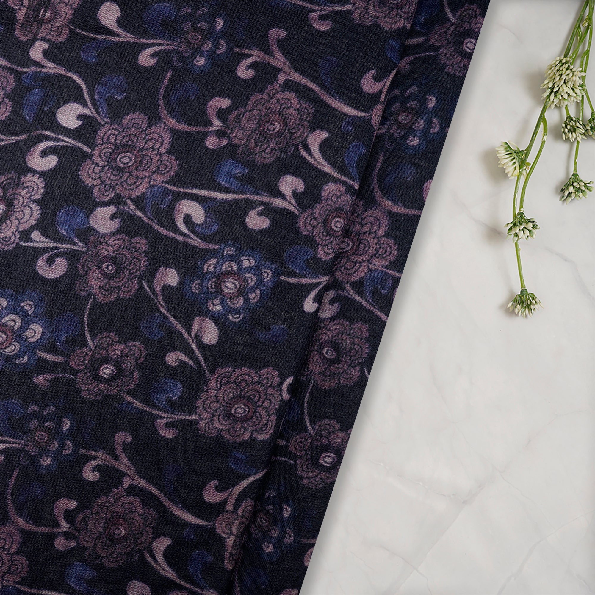 Black-Purple Floral Pattern Digital Print Chanderi Fabric