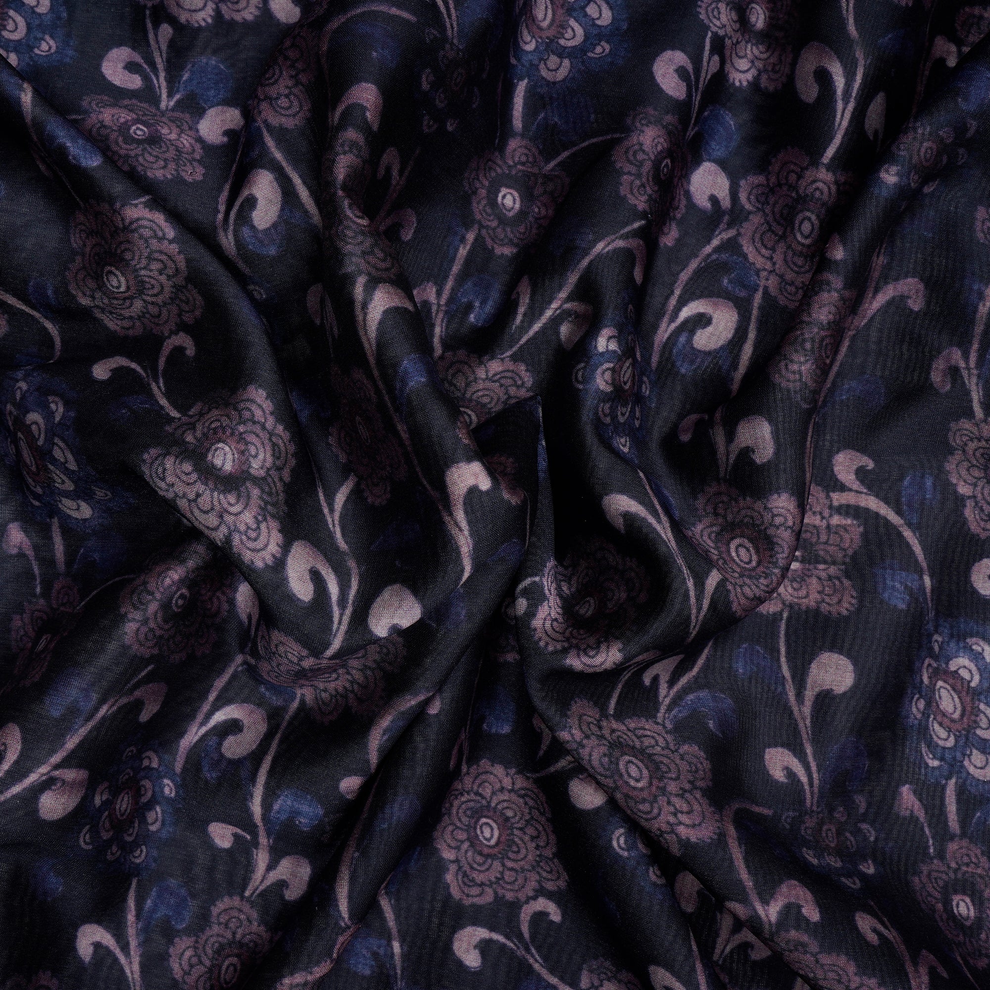 Black-Purple Floral Pattern Digital Print Chanderi Fabric