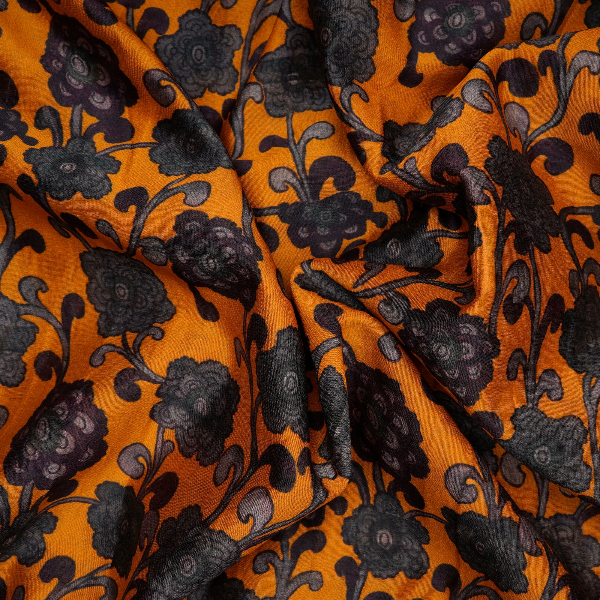 Orange Floral Pattern Digital Print Chanderi Fabric