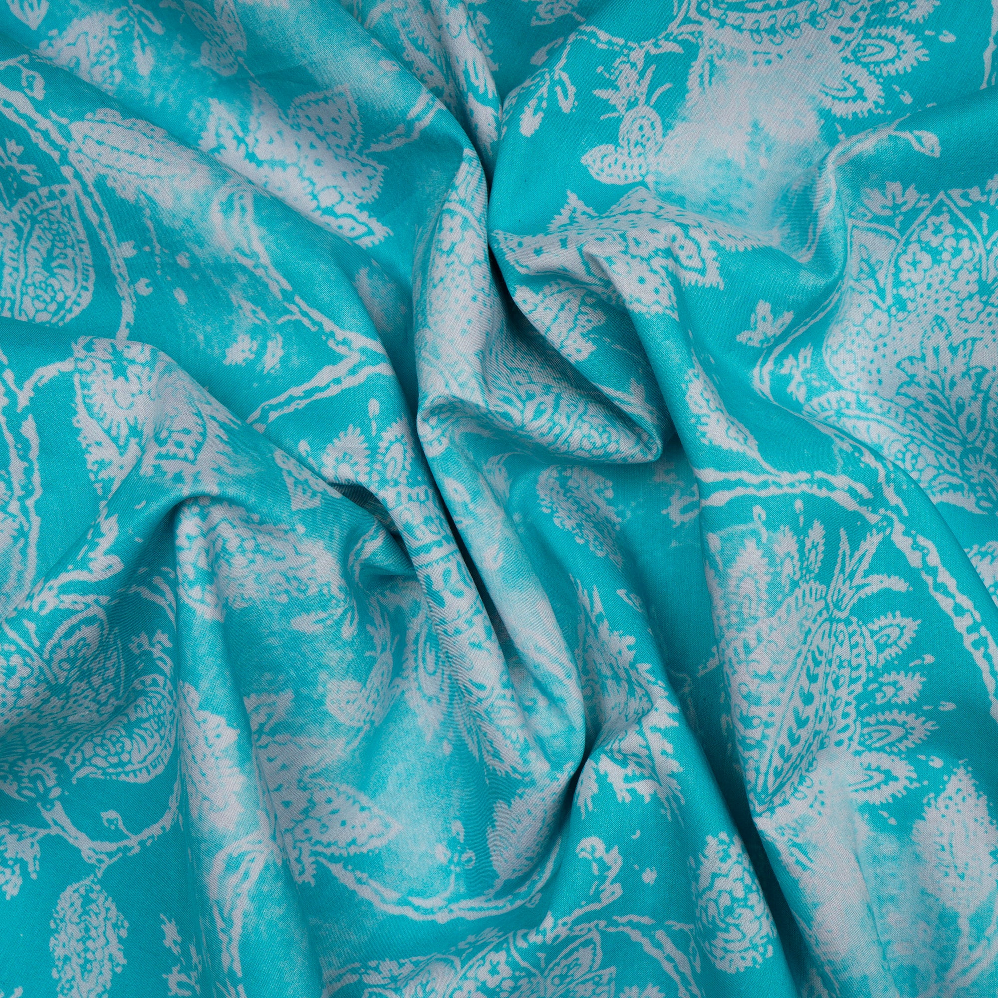 Sky Blue-White Floral Pattern Digital Print Lawn Fabric