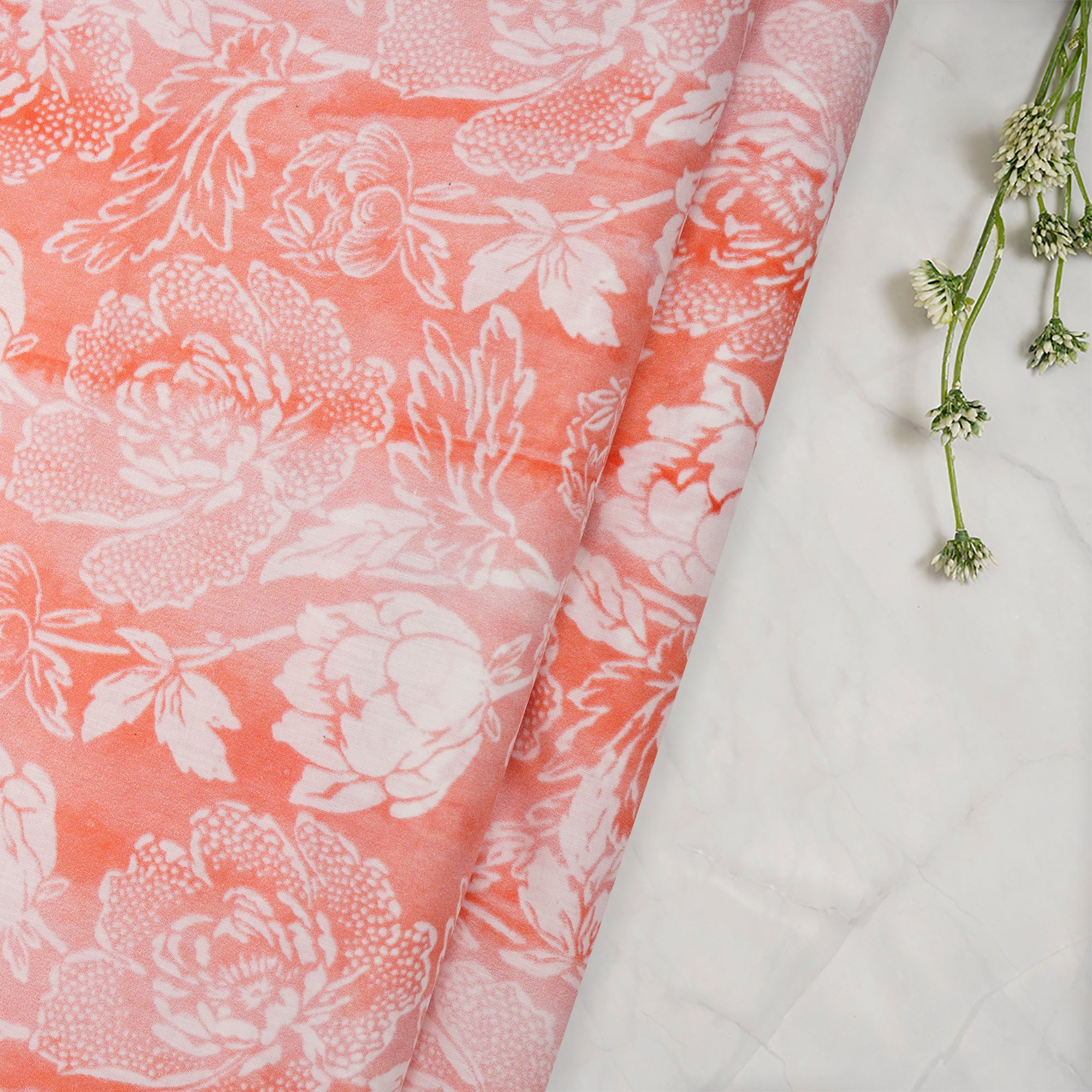 Peach Floral Pattern Digital Print Lawn Cotton Fabric