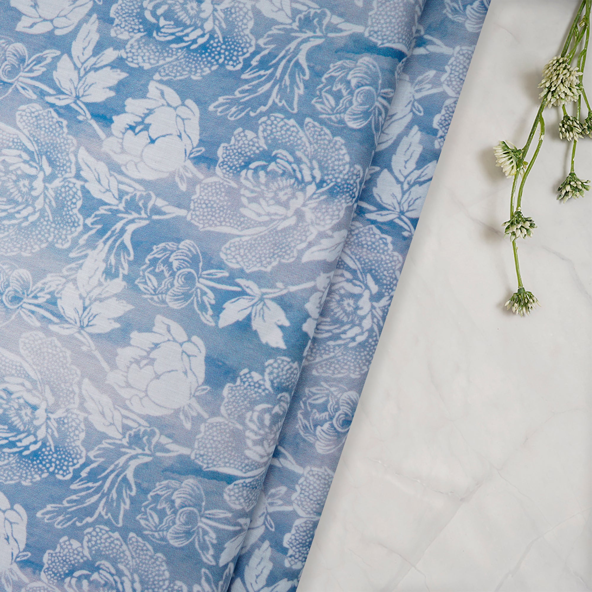 Blue-White Floral Pattern Digital Print Lawn Fabric