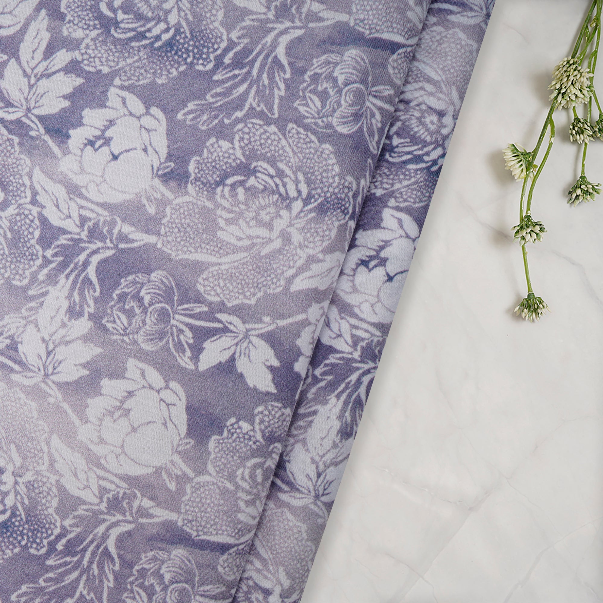 White-Lavender Floral Pattern Digital Print Lawn Fabric