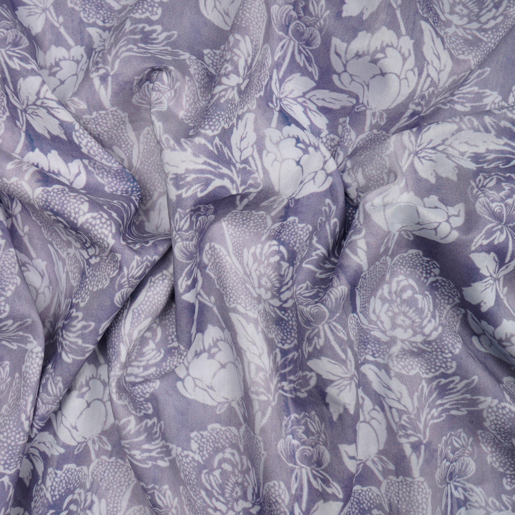 White-Lavender Floral Pattern Digital Print Lawn Fabric