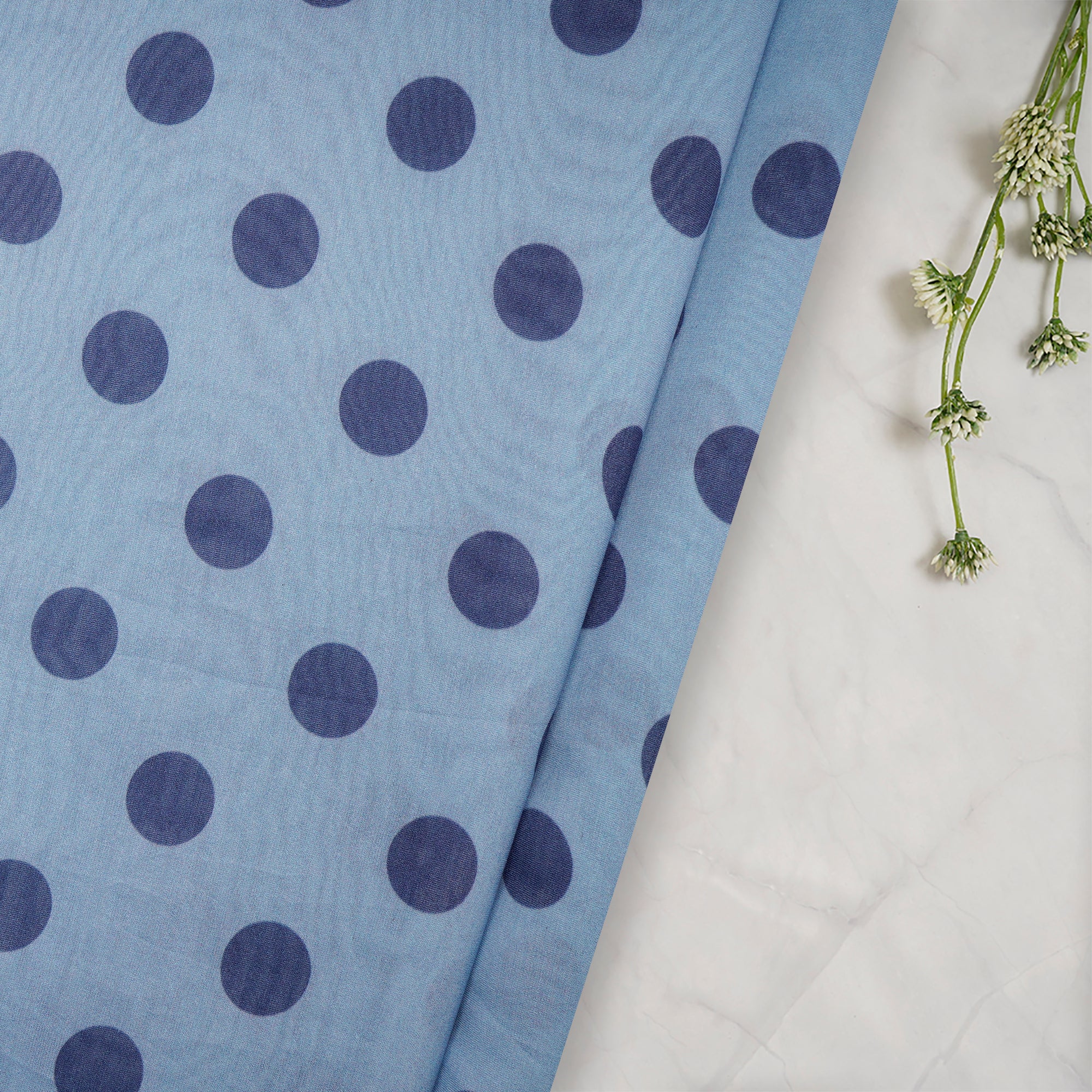 Blue Polka Dot Pattern Digital Printed Chanderi Fabric