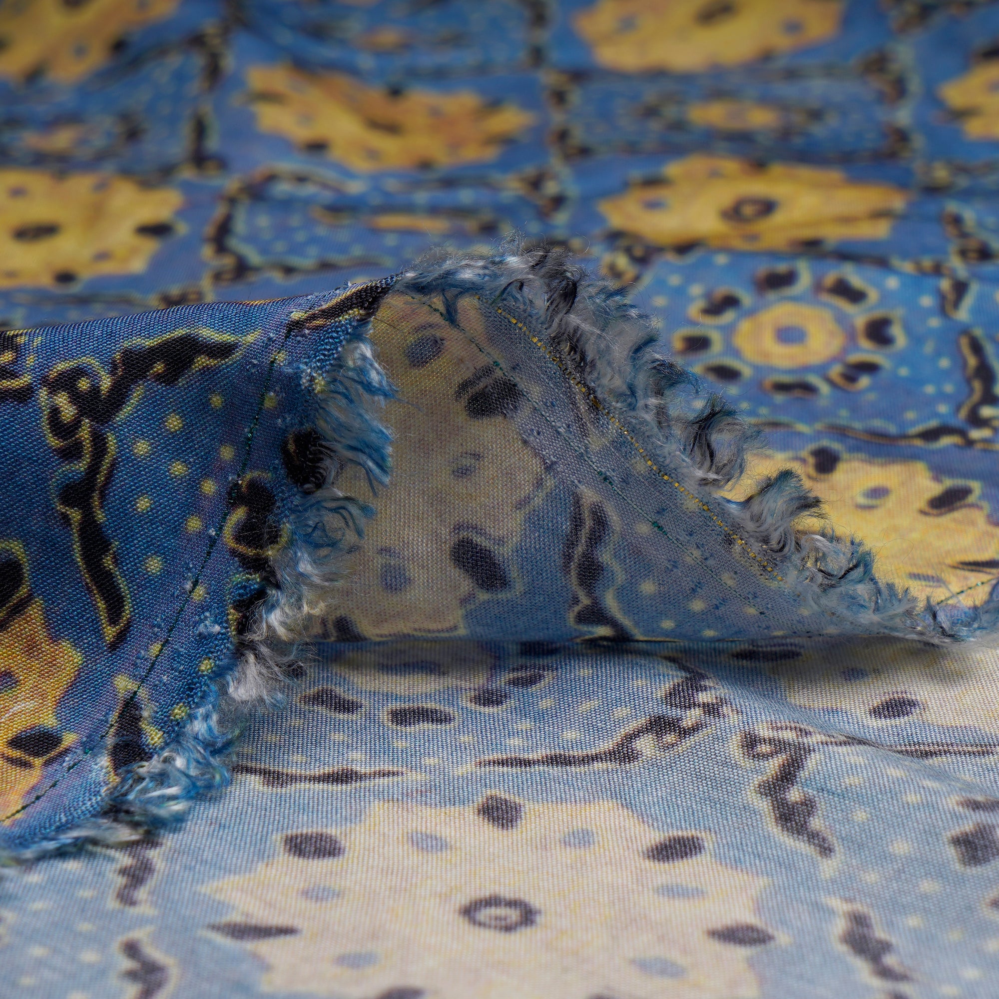 Blue-Yellow All Over Digital Print Bemberg Muslin Fabric