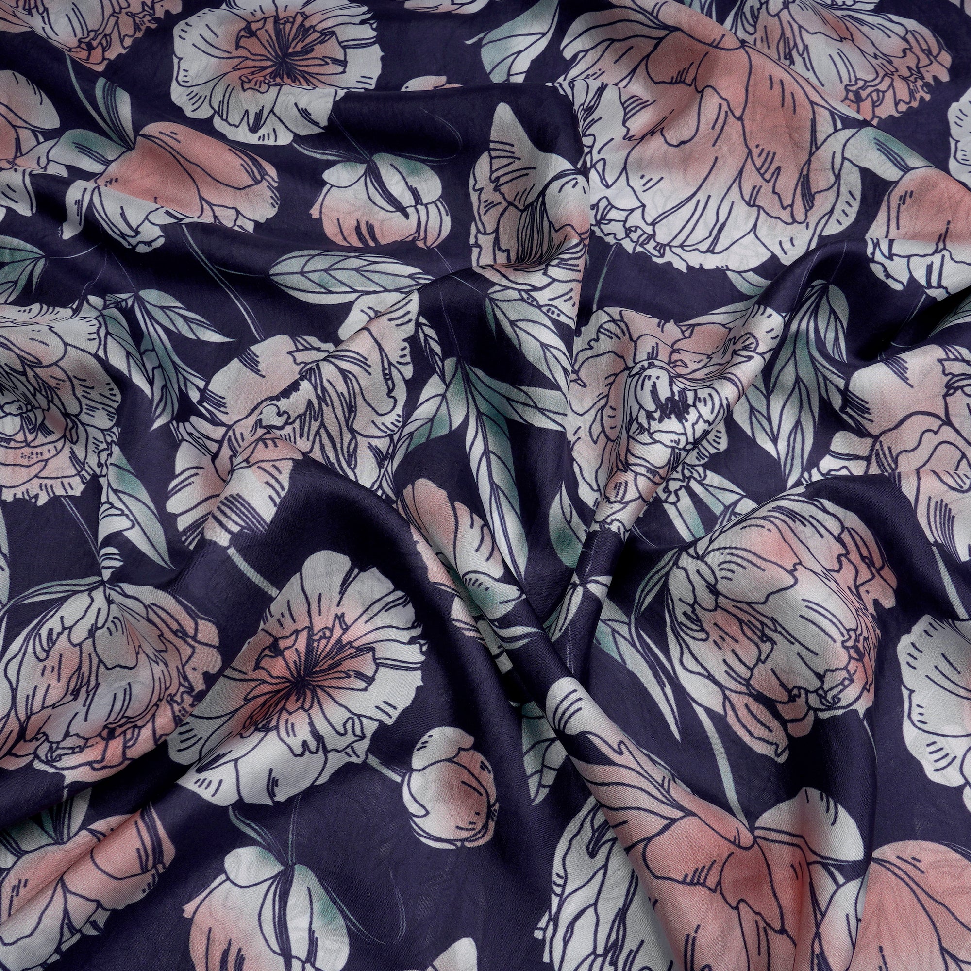 Navy Blue Floral Pattern Digital Print Plain Silk Fabric