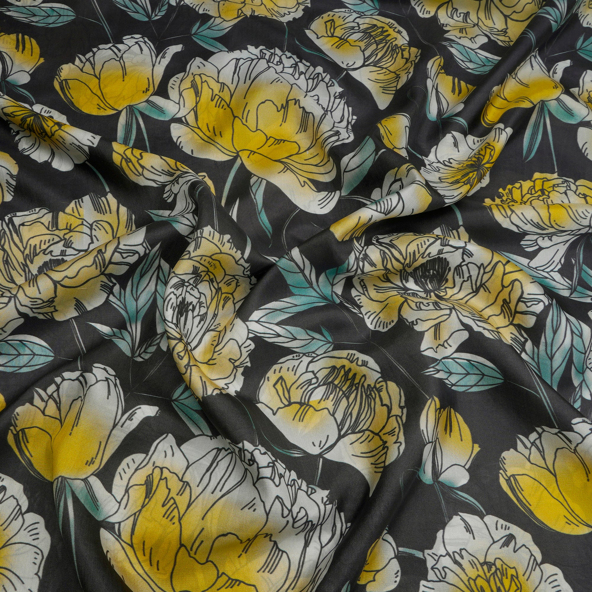 Black Sand Floral Pattern Digital Print Plain Silk Fabric