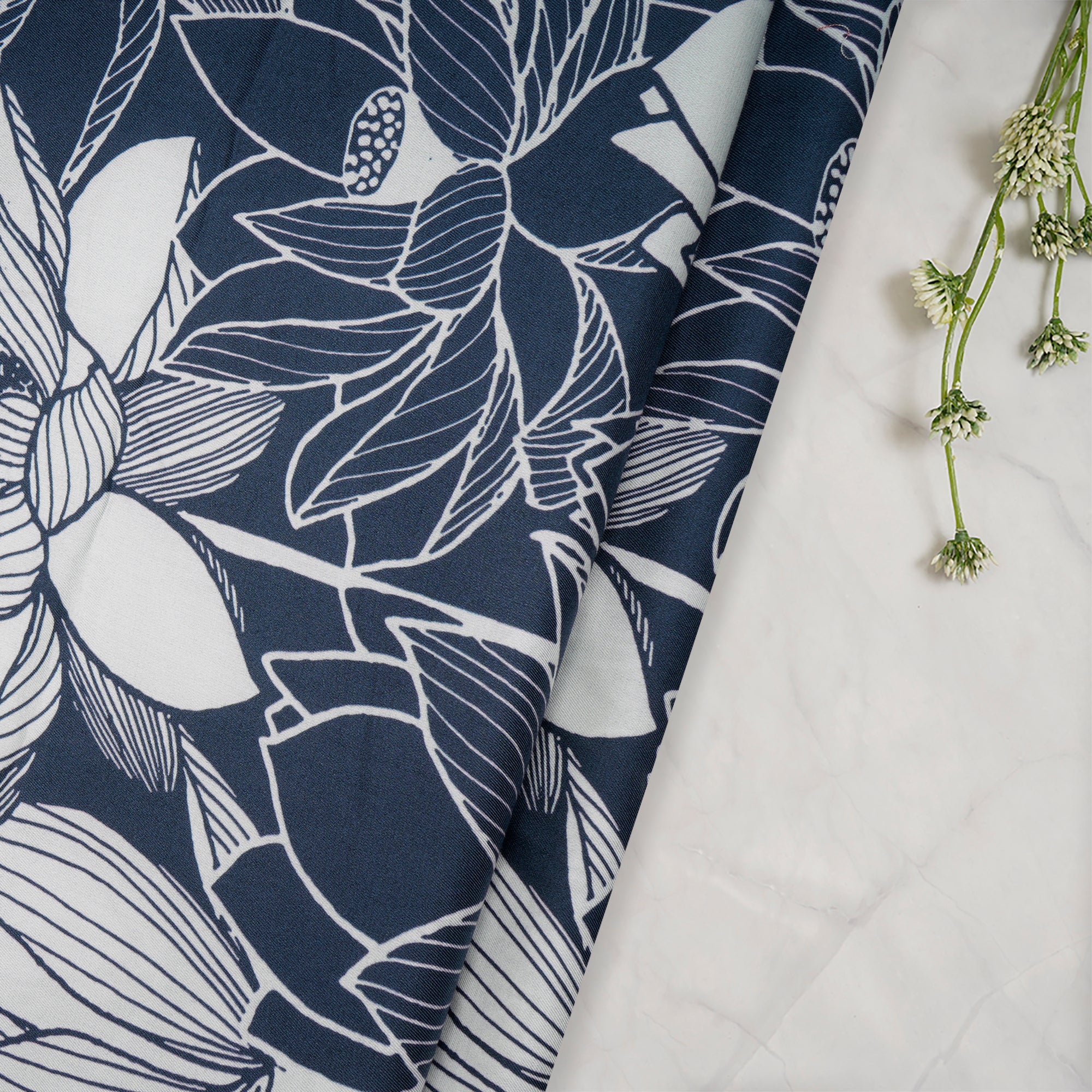 Deep Blue Floral Pattern Digital Pattern Maple Silk Fabric