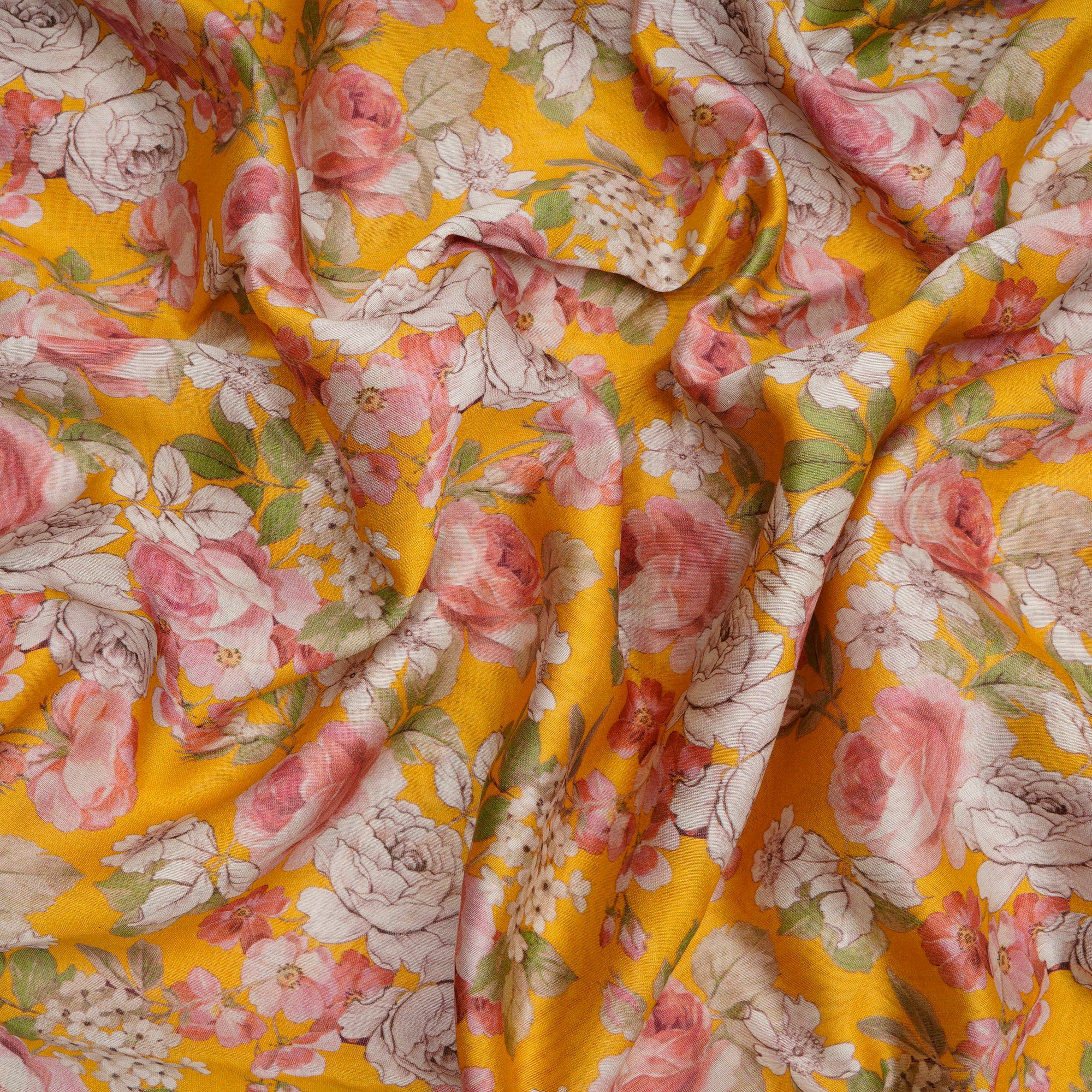 Yellow Floral Pattern Digital Print Chanderi Fabric