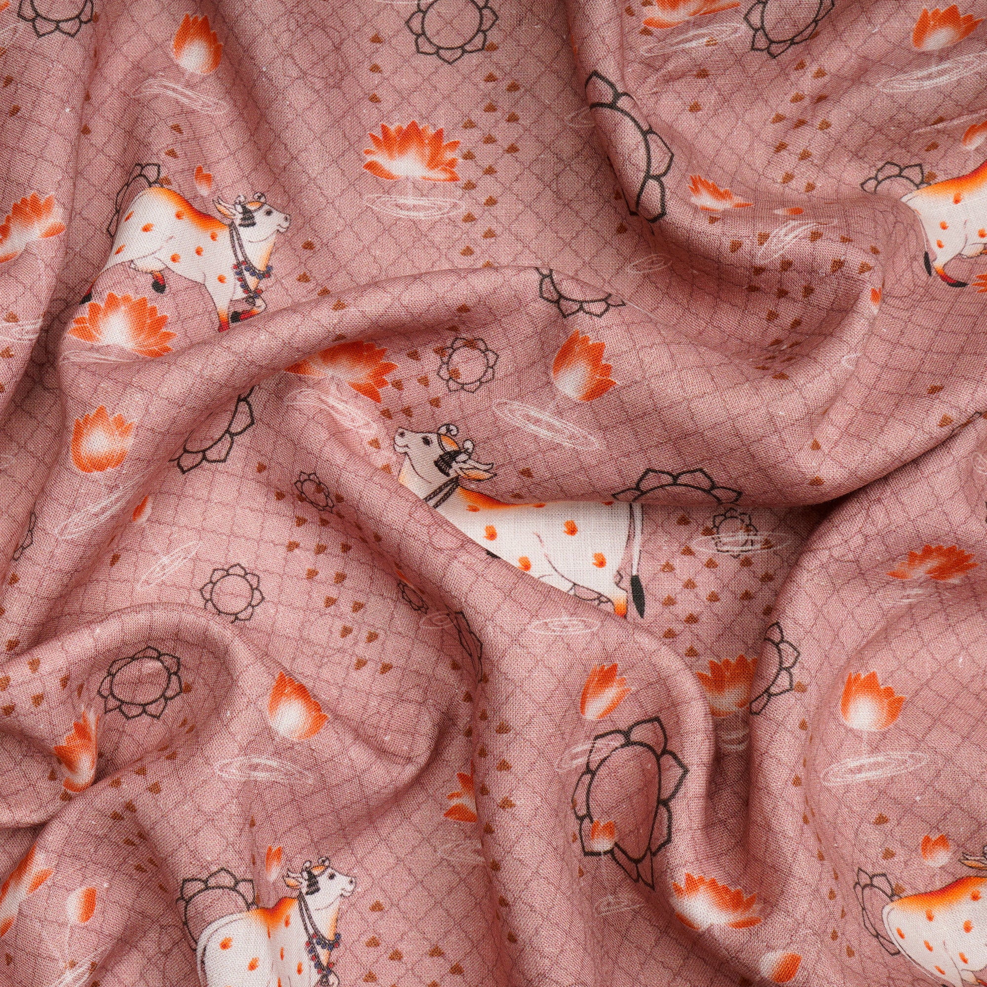 Peach Beige Pichwai Pattern Digital Print Linen Fabric