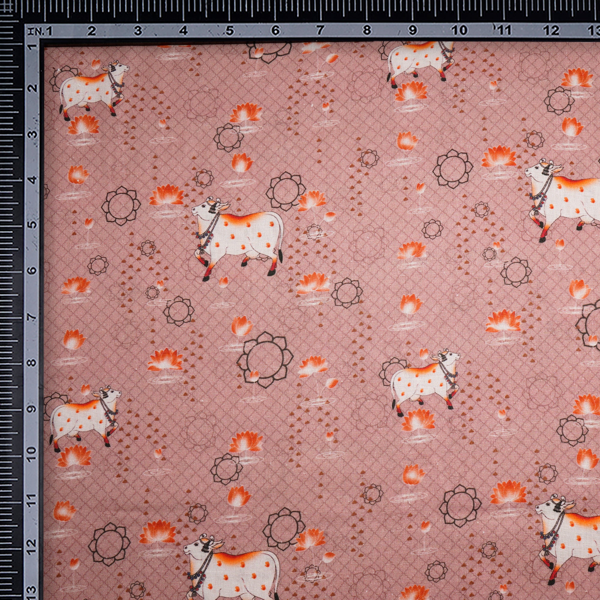 Peach Beige Pichwai Pattern Digital Print Linen Fabric