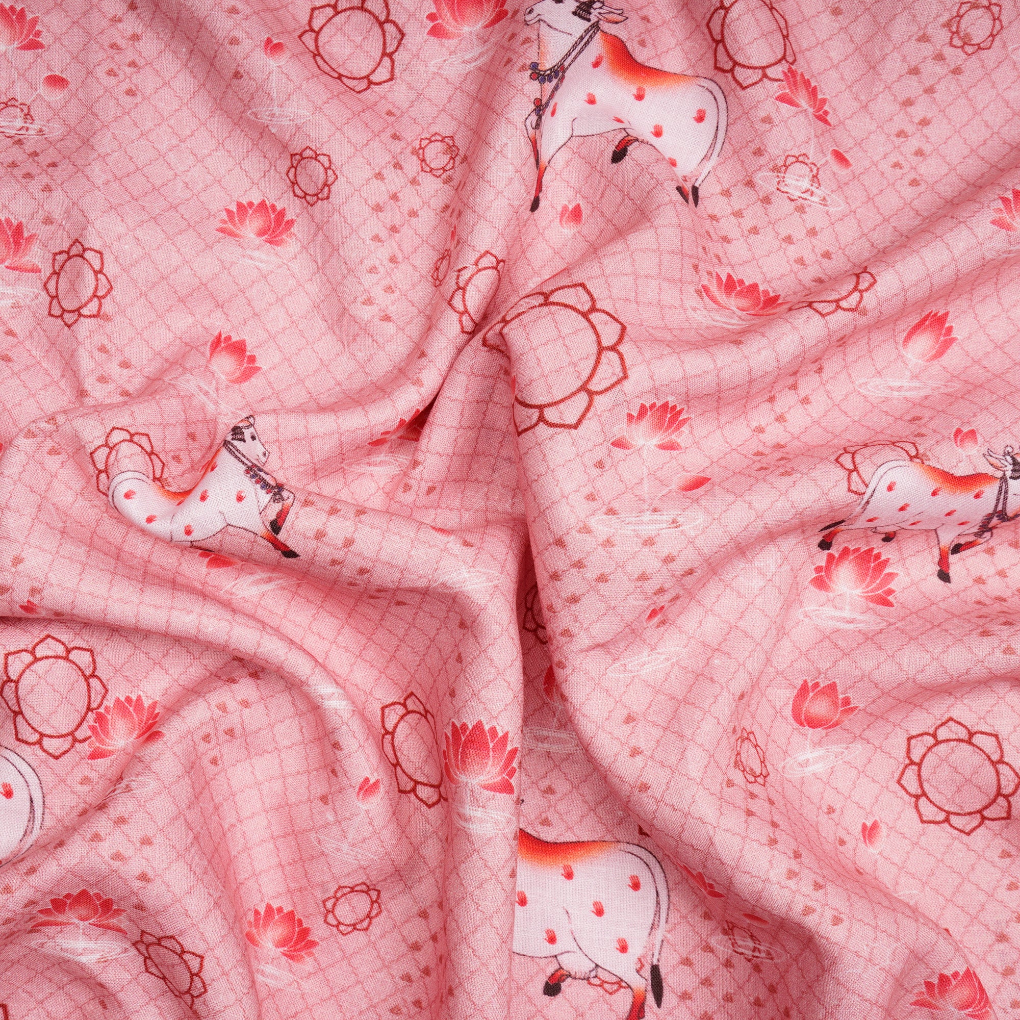 Strawberry Cream Pichwai Pattern Digital Print Linen Fabric