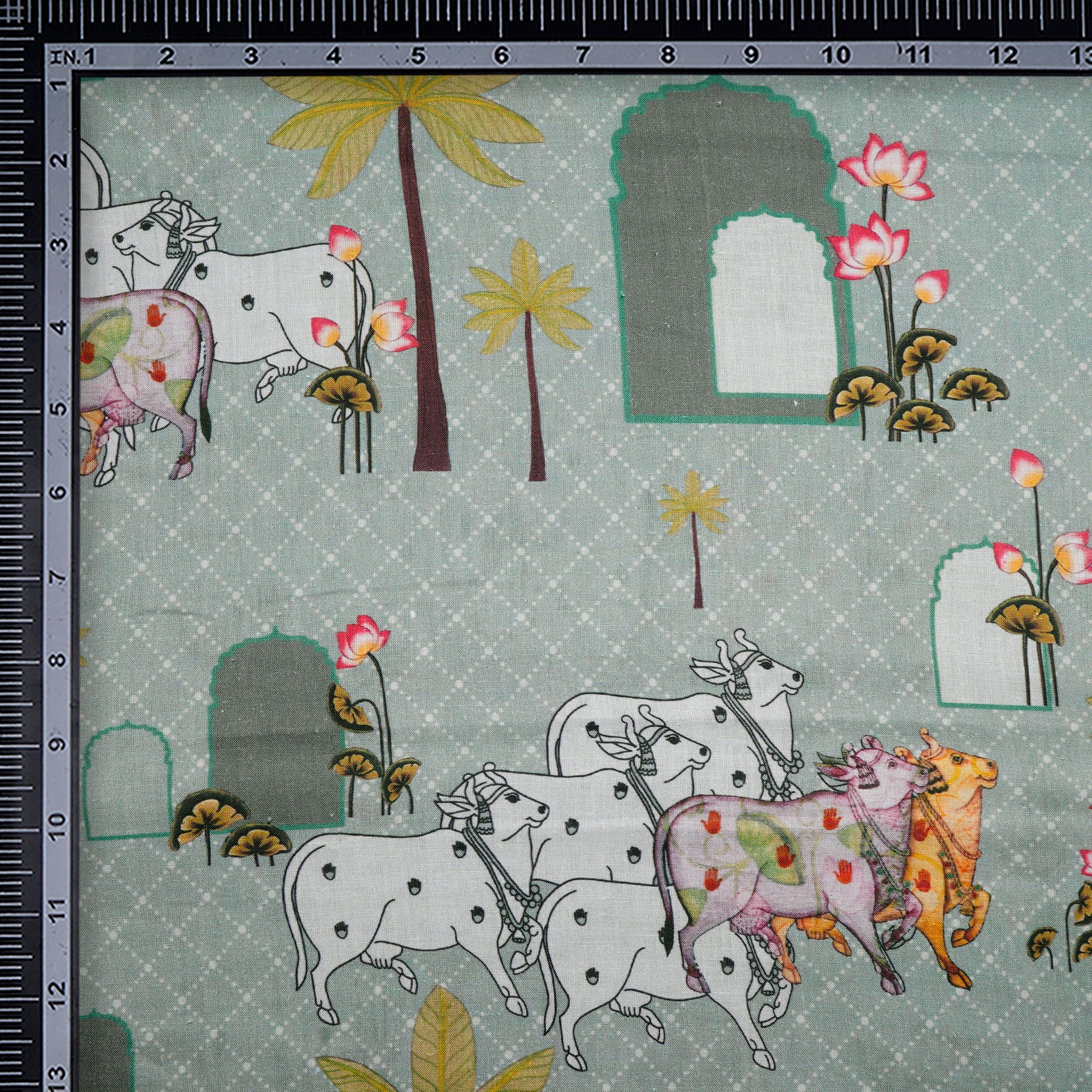 Grayed Jade Pichwai Pattern Digital Print Linen Fabric