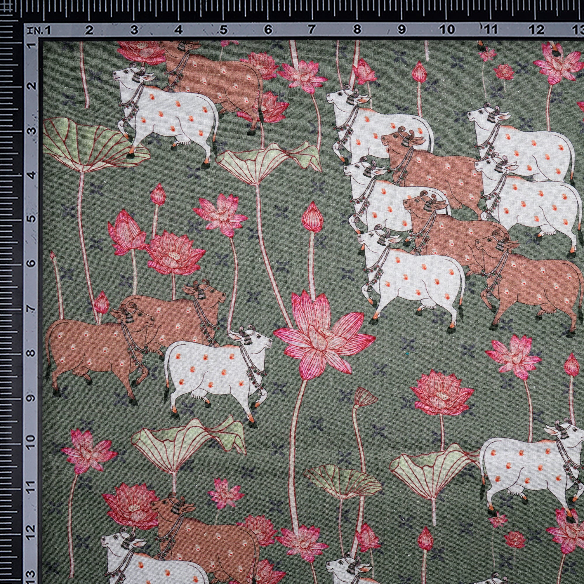 Vetiver Pichwai Pattern Digital Print Linen Fabric