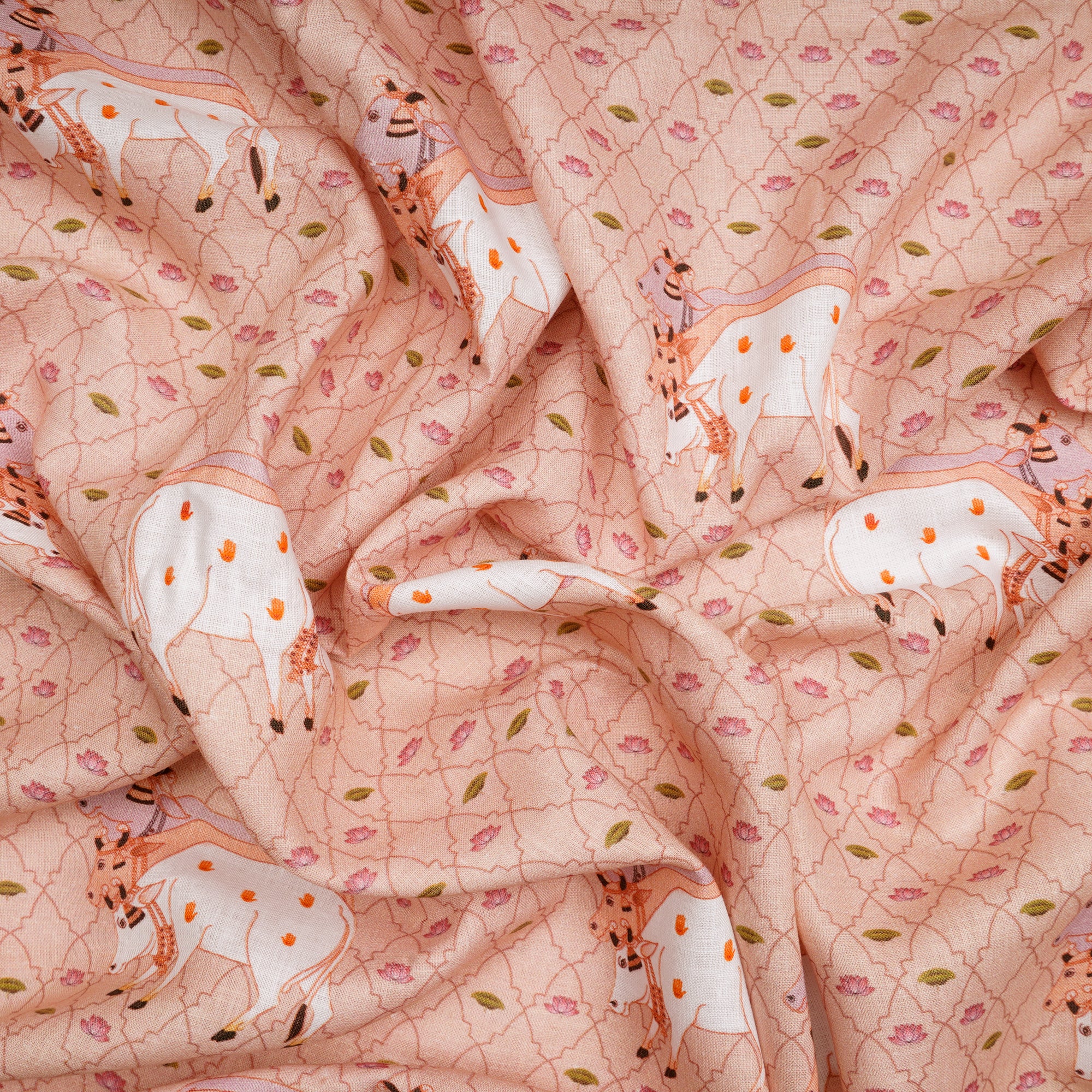 Peachy Keen Pichwai Pattern Digital Print Linen Fabric