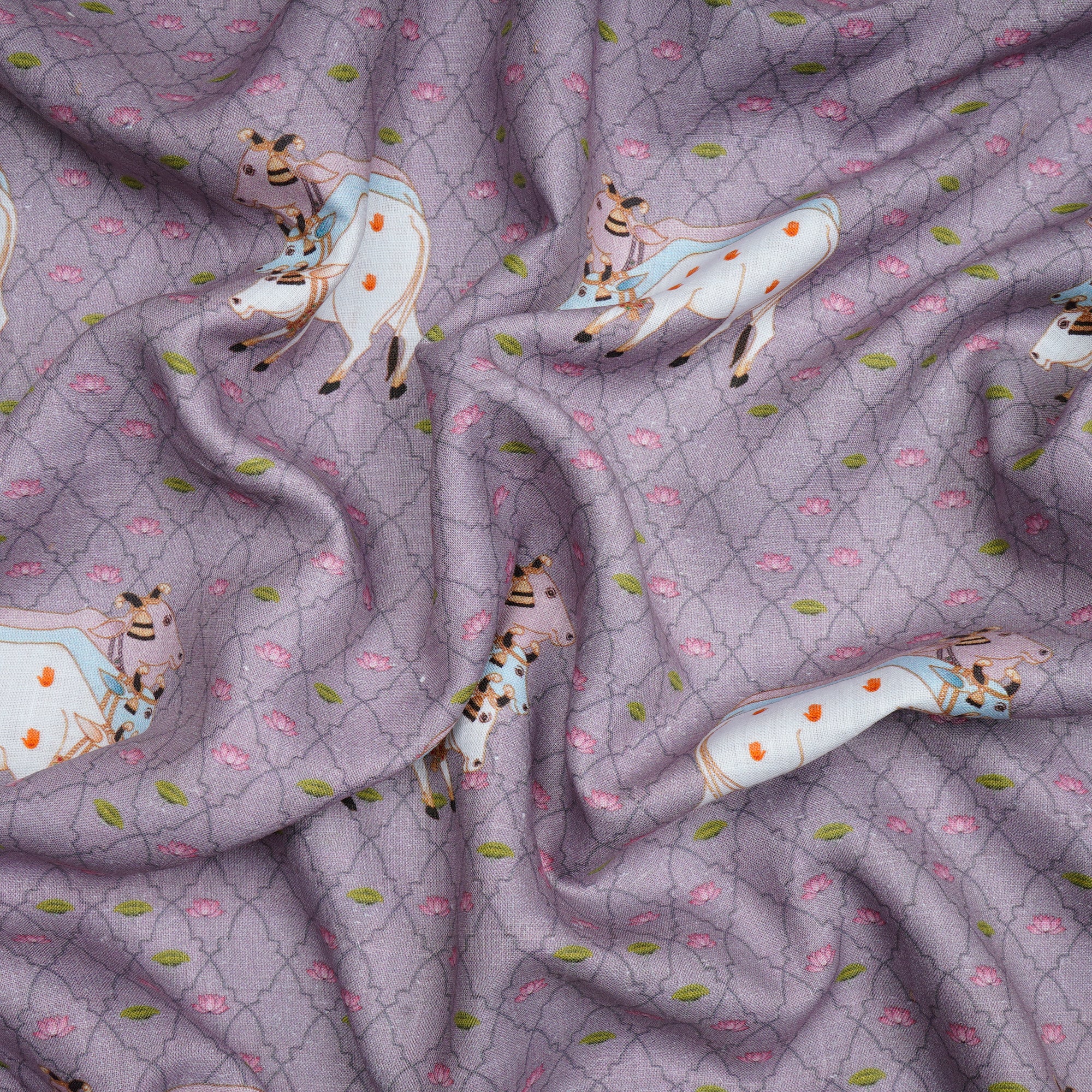 Rain Drops Pichwai Pattern Digital Print Linen Fabric