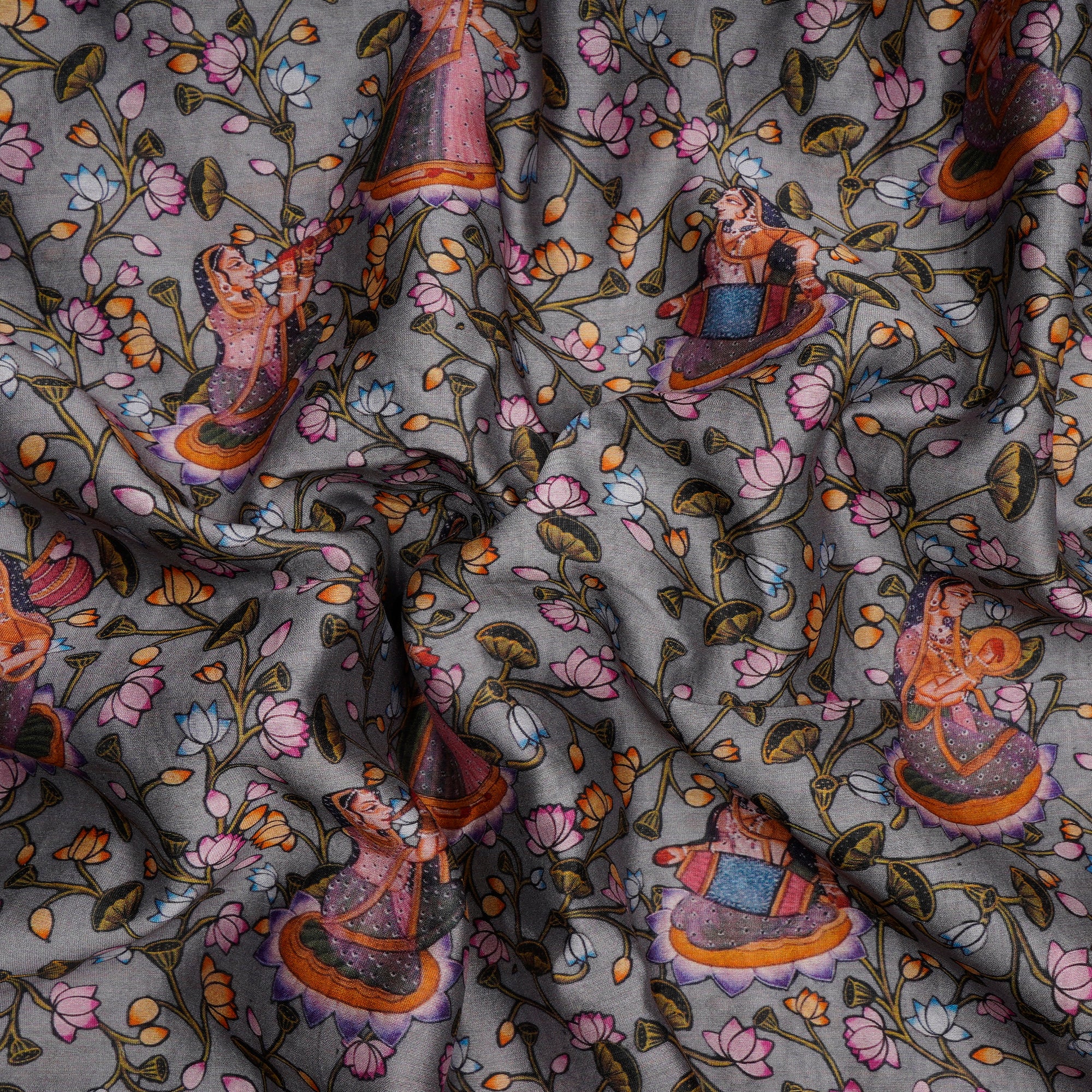 Grey Traditional Pattern Digital Print Chanderi Fabric