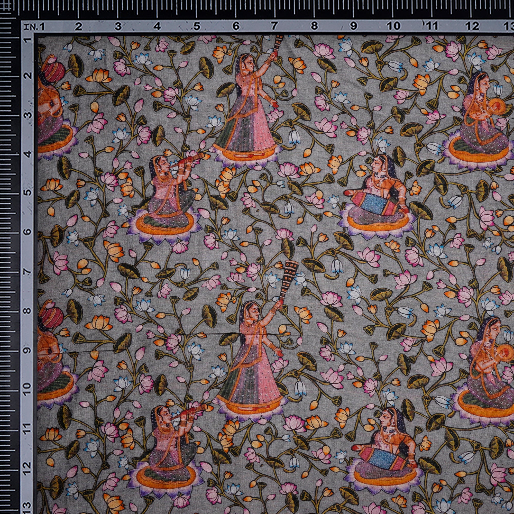 Grey Traditional Pattern Digital Print Chanderi Fabric