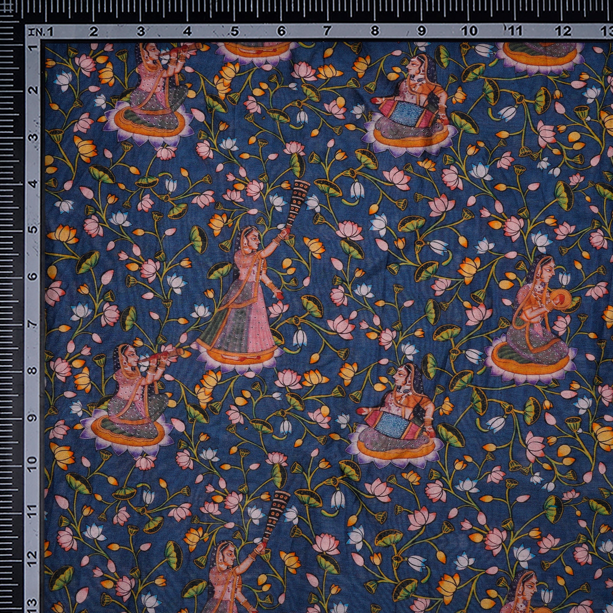 Navy Blue Traditional Pattern Digital Print Chanderi Fabric