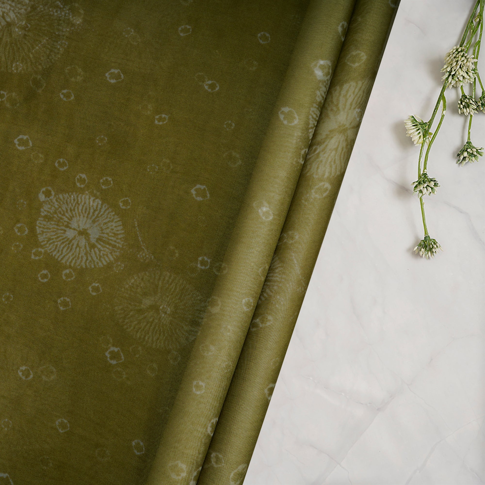 Olive Green Floral Pattern Digital Print Organza Silk Fabric