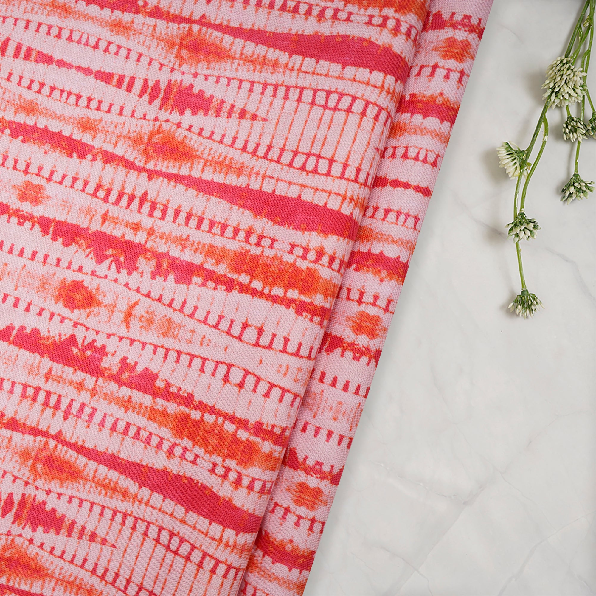 Coral Red Shibori Pattern Digital Print Fancy Linen Fabric