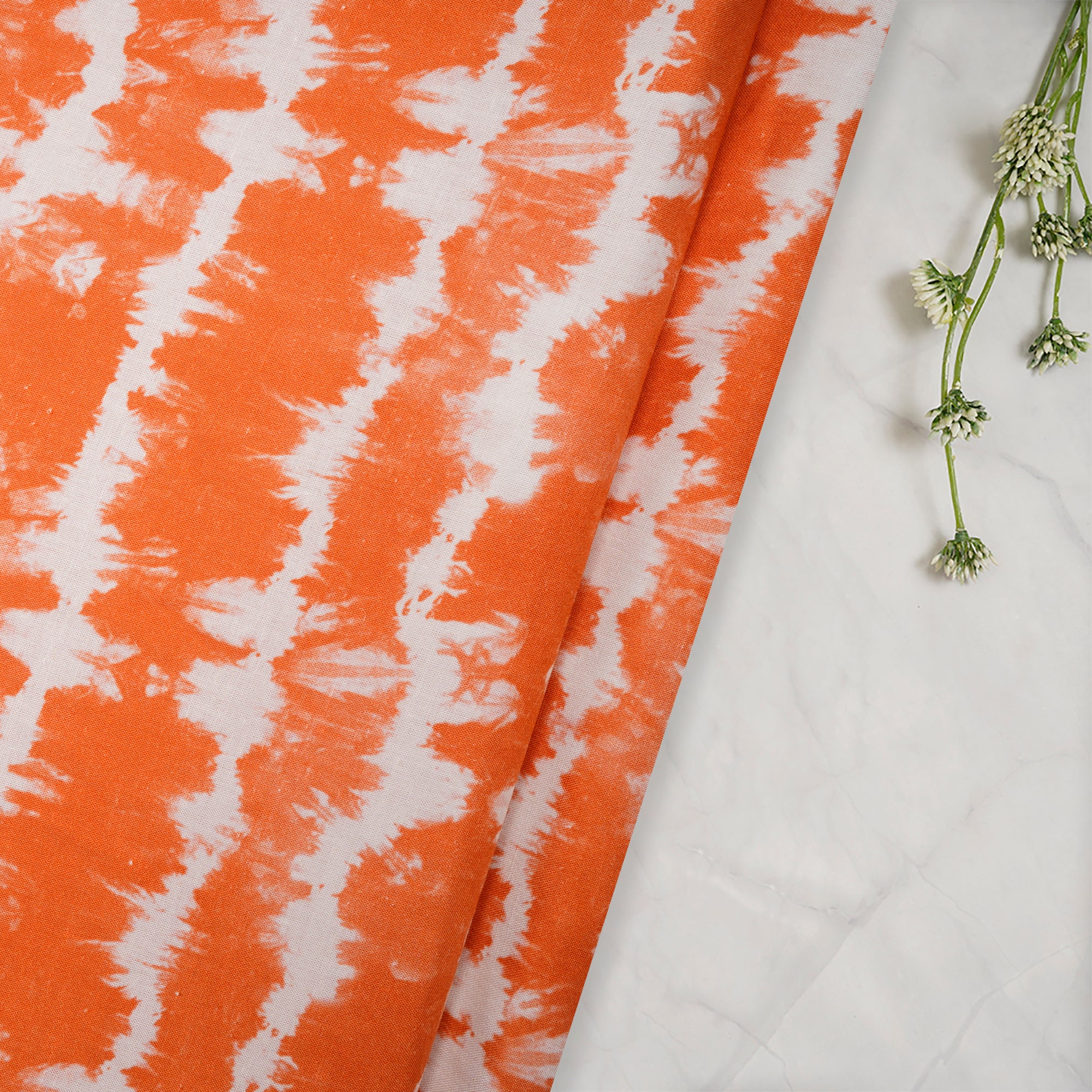 Orange-White Shibori Pattern Digital Print Fancy Linen Fabric